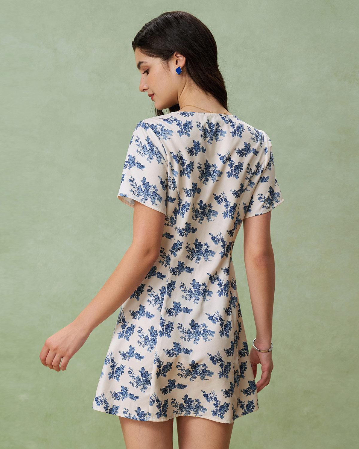 Blue Floral V-Neck Button A-Line Mini Dress Product Image