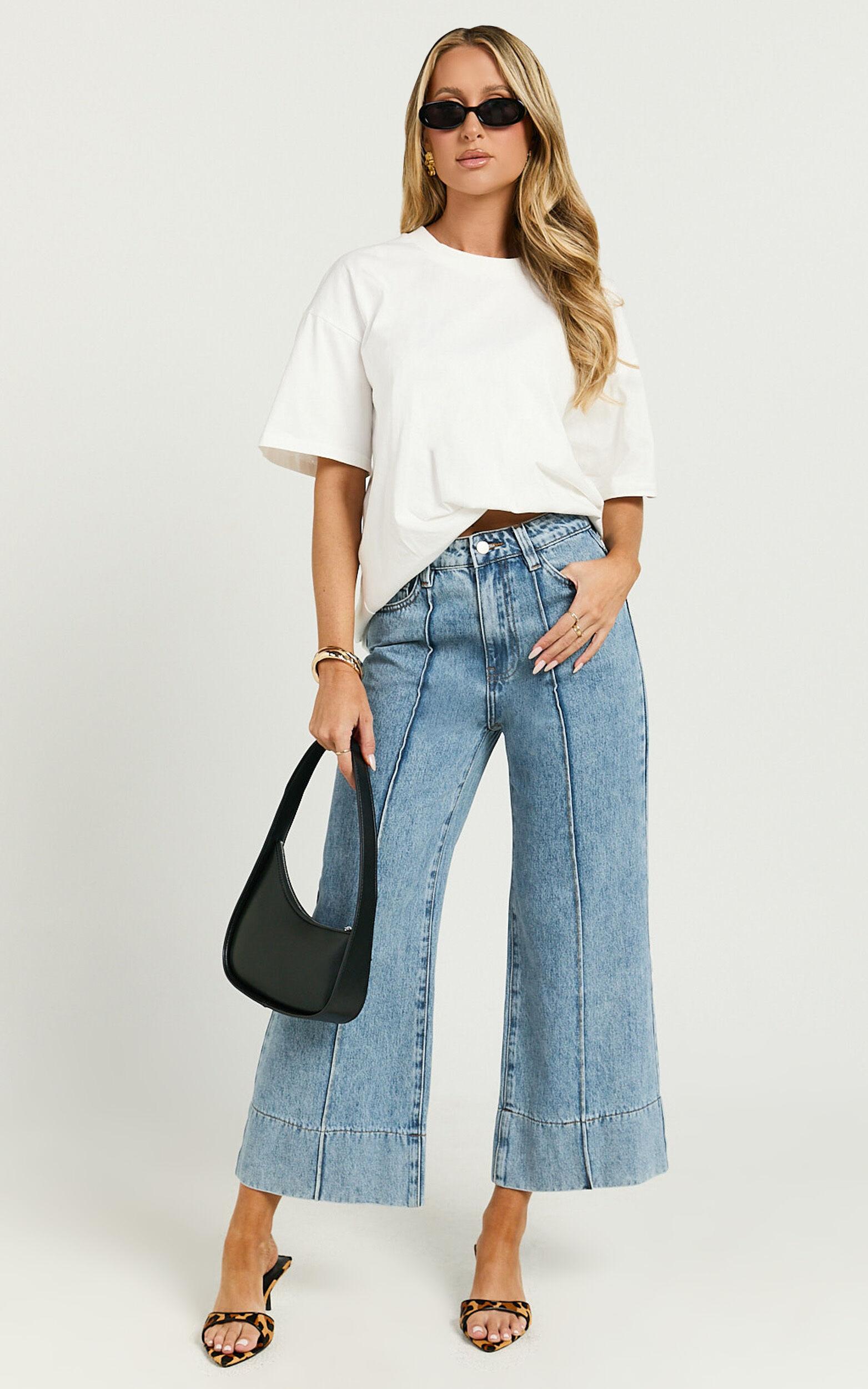 Jolene Jeans - Mid Rise Wide Leg Recycled Denim Cropped Jeans in Mid Blue Wash Product Image