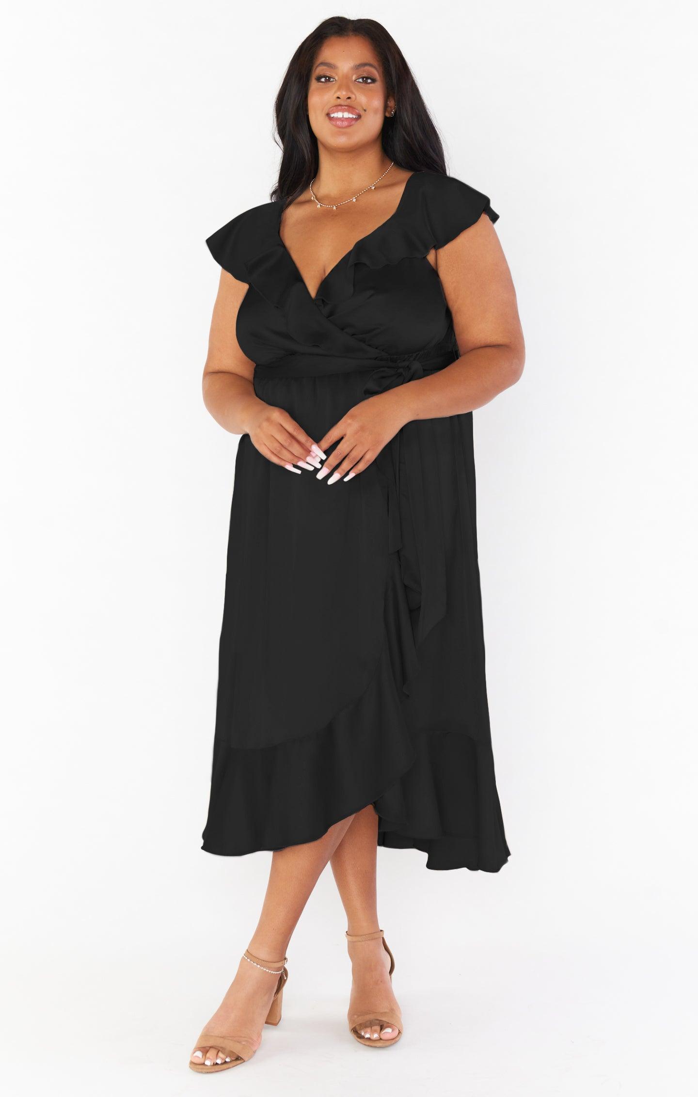 Samantha Ruffle Wrap Dress ~ Black Luxe Satin Product Image