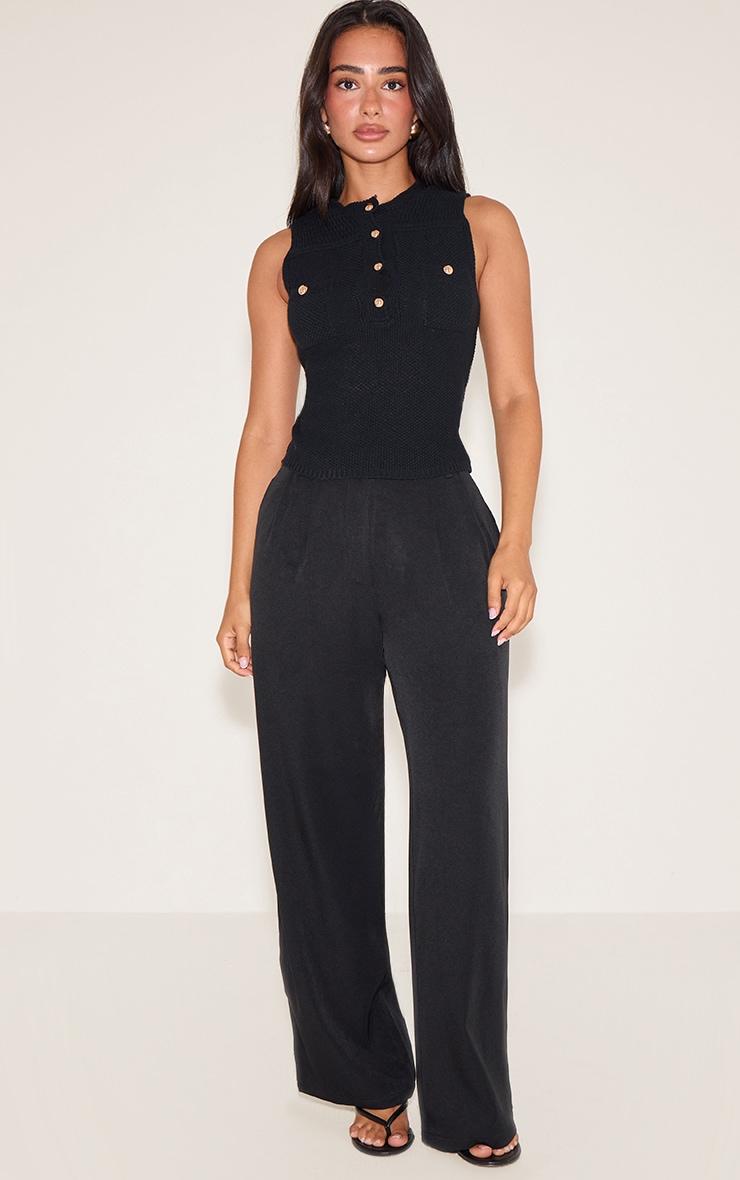 Petite Black Knitted Long Top With Button Details Product Image