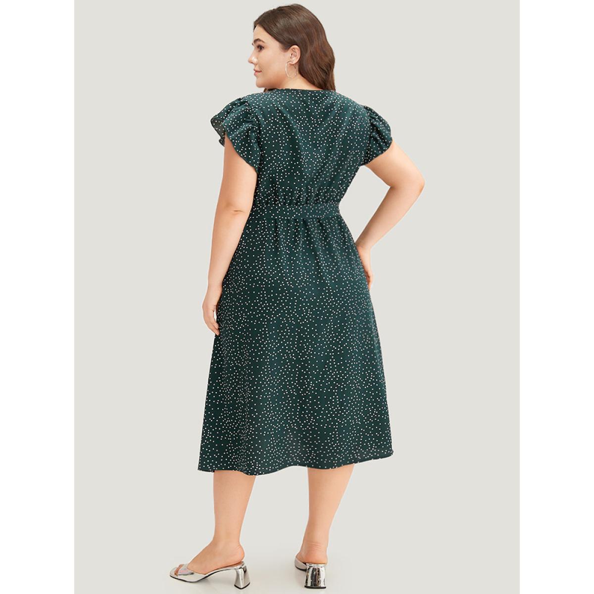Plus Size Polka Dot Flutter Trim Button Detail Belted Dress Teal Women Office Belted V-neck Sleeveless Curvy Midi Dress BloomChic 28/5X Product Image