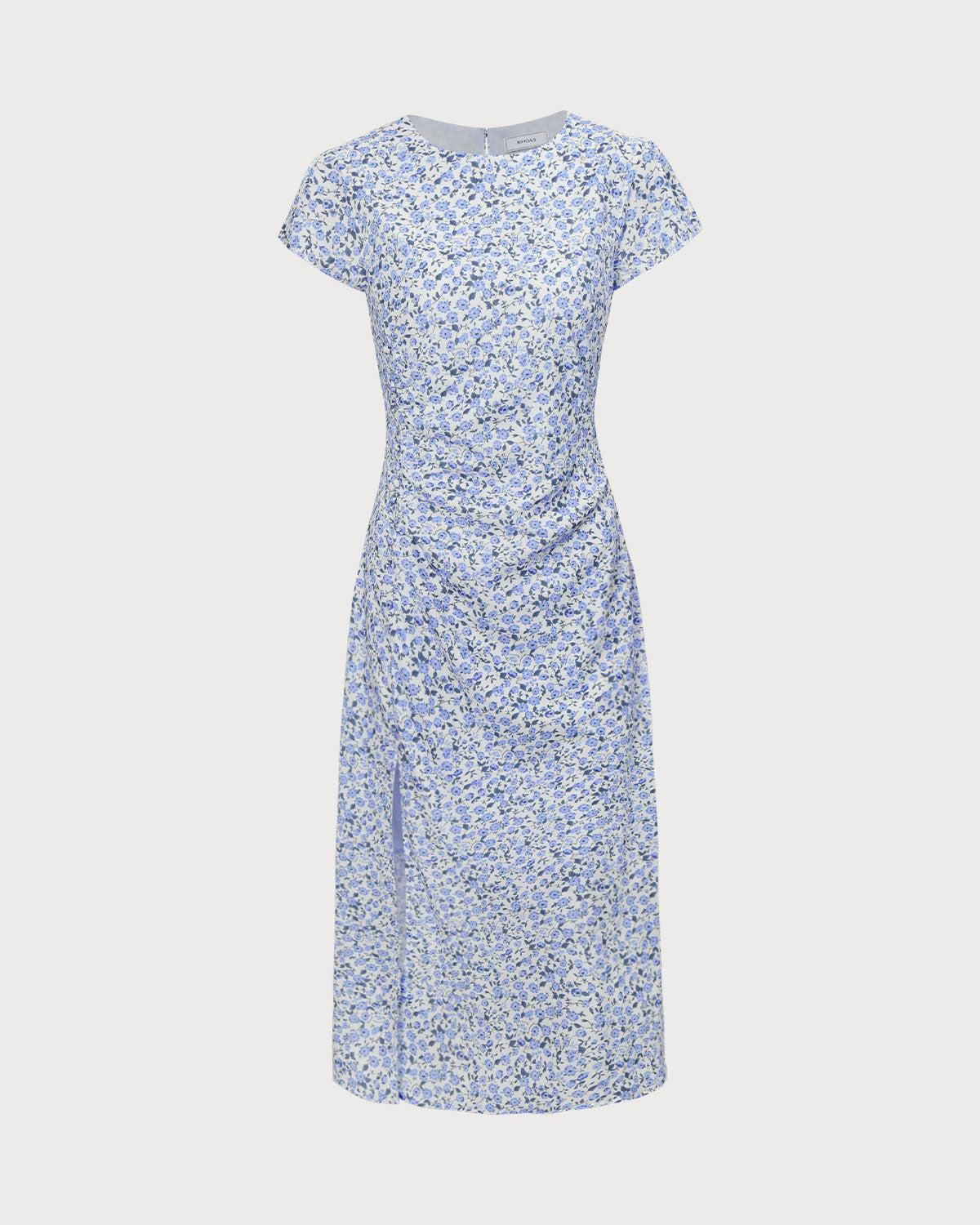 The Blue Round Neck Floral Slit Midi Dress Product Image