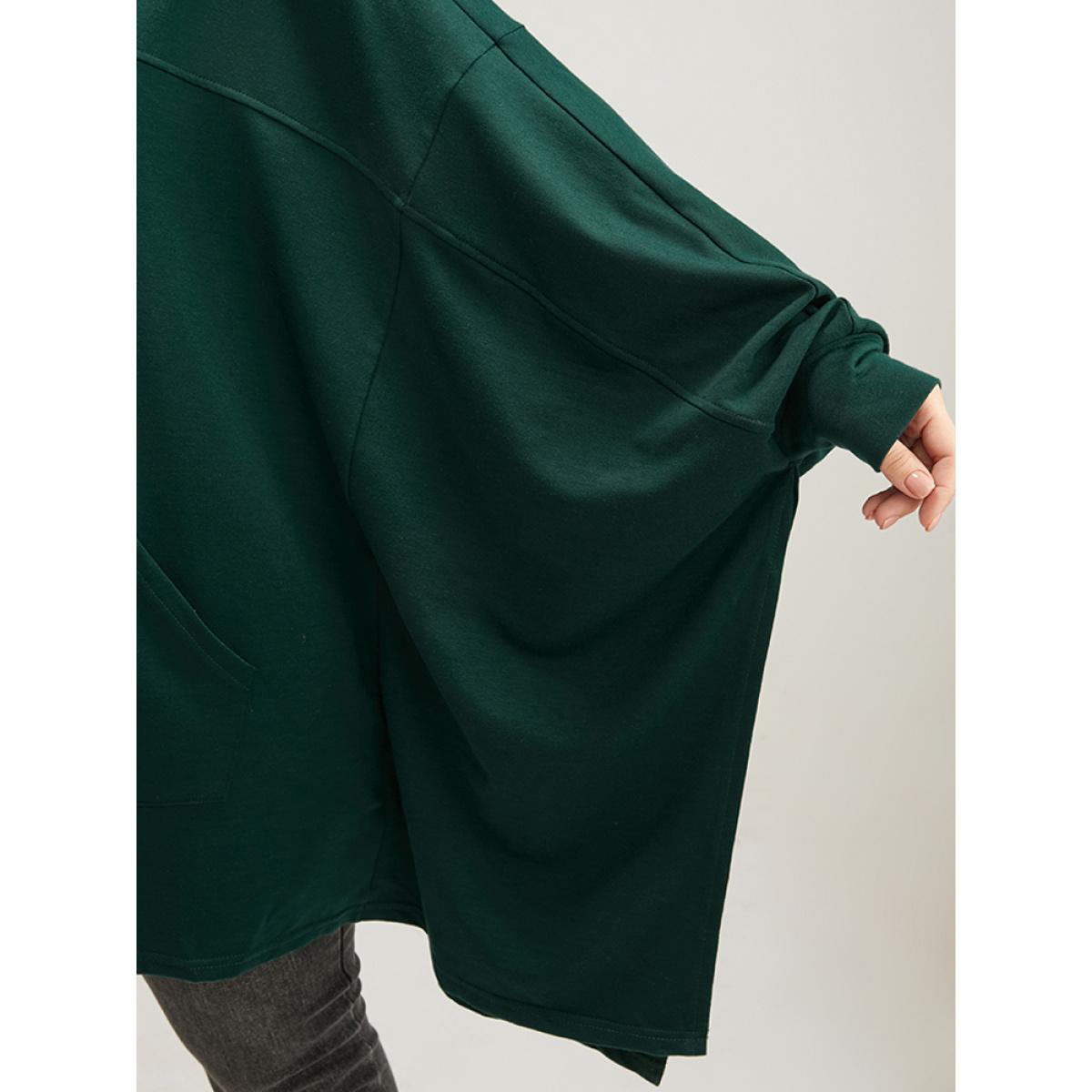 Plus Size Solid Pocket Dolman Sleeve Drawstring Sweatshirt Women DarkGreen Casual Asymmetrical Turtleneck Dailywear Sweatshirts BloomChic 10/M Product Image