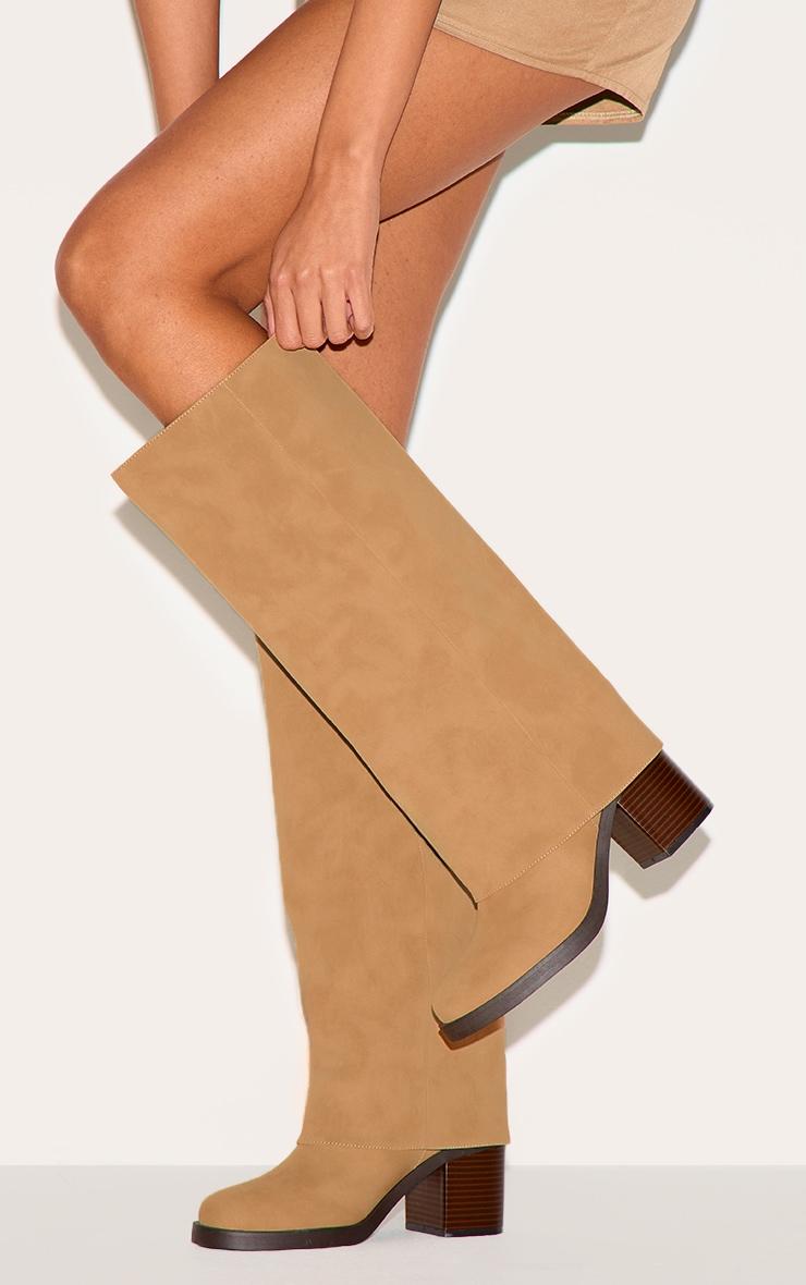 Camel Faux Nubuck Round Toe Fold Over Low Block Heel Boots Product Image