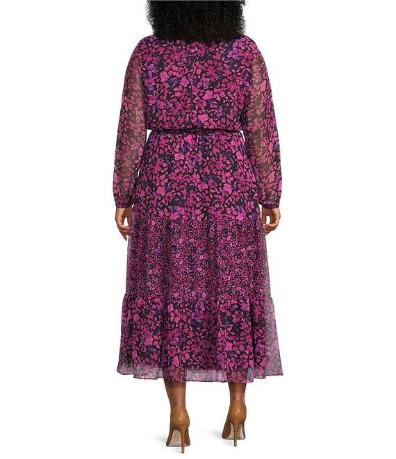 Kasper Plus Size Floral Chiffon V-Neck Long Sleeve Belted Tiered Ruffle A-Line Dress Product Image