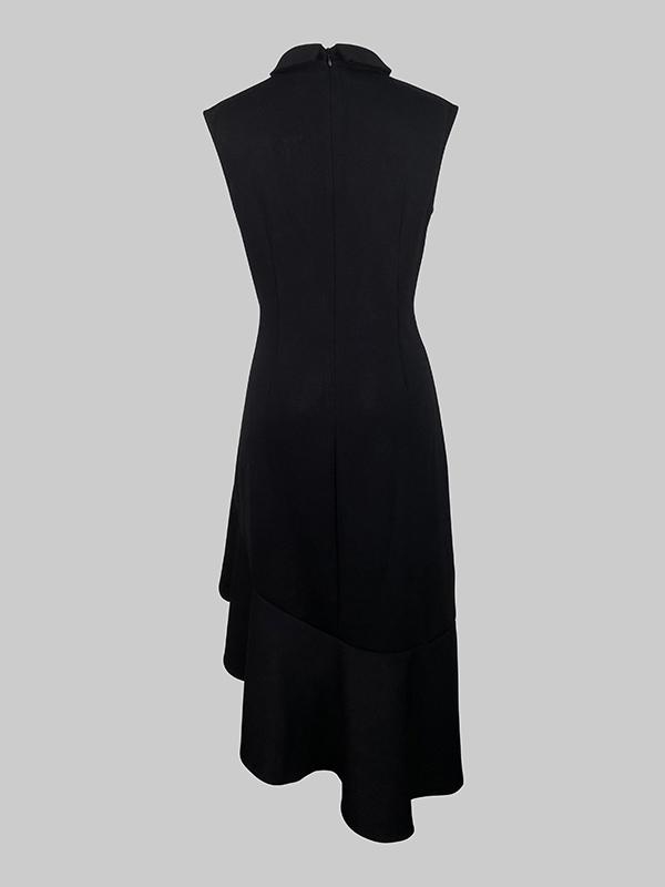 Loose Sleeveless Asymmetric Buttoned Ruffle Trim Solid Color Mock Neck Midi Dresses Product Image