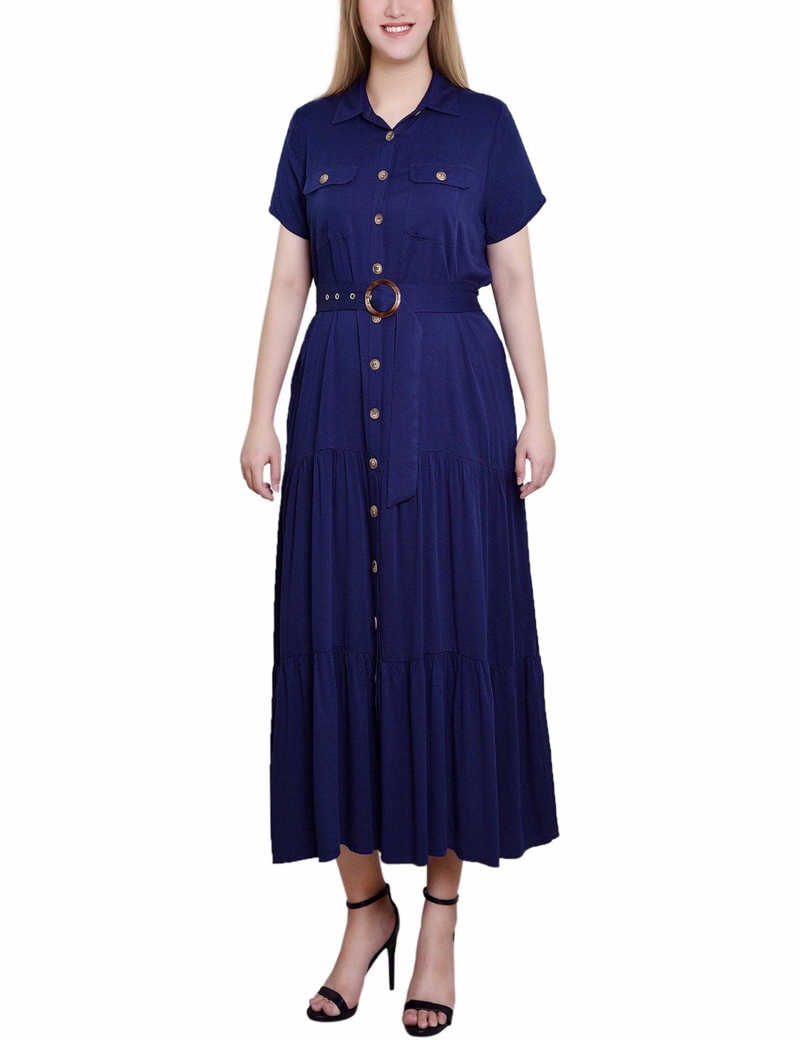Navy Short Sleeve Midi Twill Dress - Petite Product Image