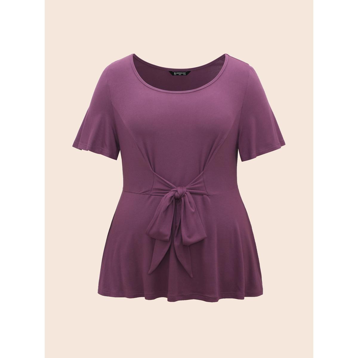 Plus Size Supersoft Essentials Flutter Sleeve Tie Knot T-shirt Mauve Women Elegant Tie knot Round Neck Bodycon Everyday T-shirts BloomChic 22-24/3X Product Image