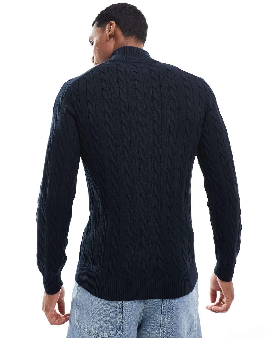 GANT cotton cable knit half zip sweater with logo in navy Product Image