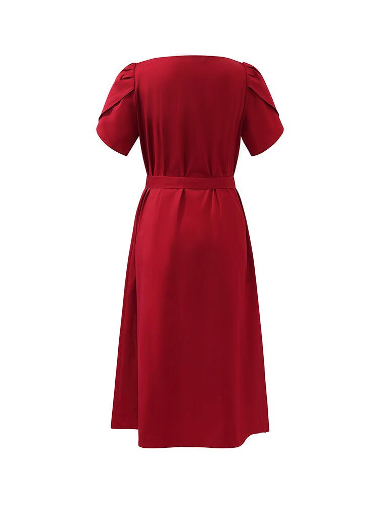 Petal Sleeves Gathered Waist V-Neck Women Midi Dress With Belt Product Image