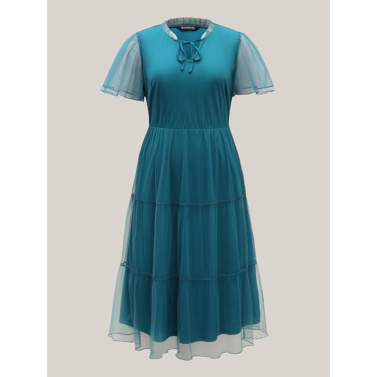 Plus Size Stretchy Waist Neck Tie Sheer Midi Dress Teal Women Flat collar with V-notch Short sleeve Curvy BloomChic 30/6X Product Image