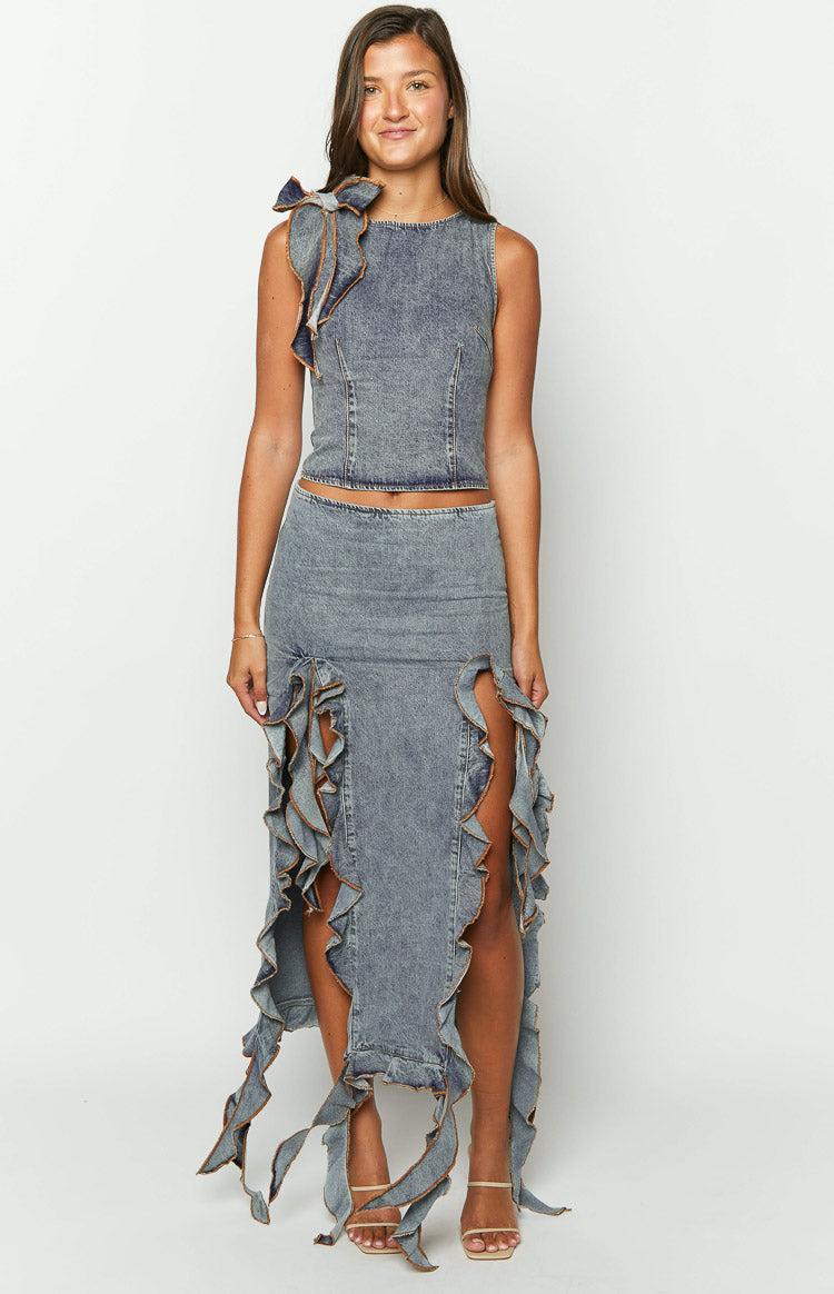 Lioness Rendezvous Faded Denim Maxi Skirt Product Image
