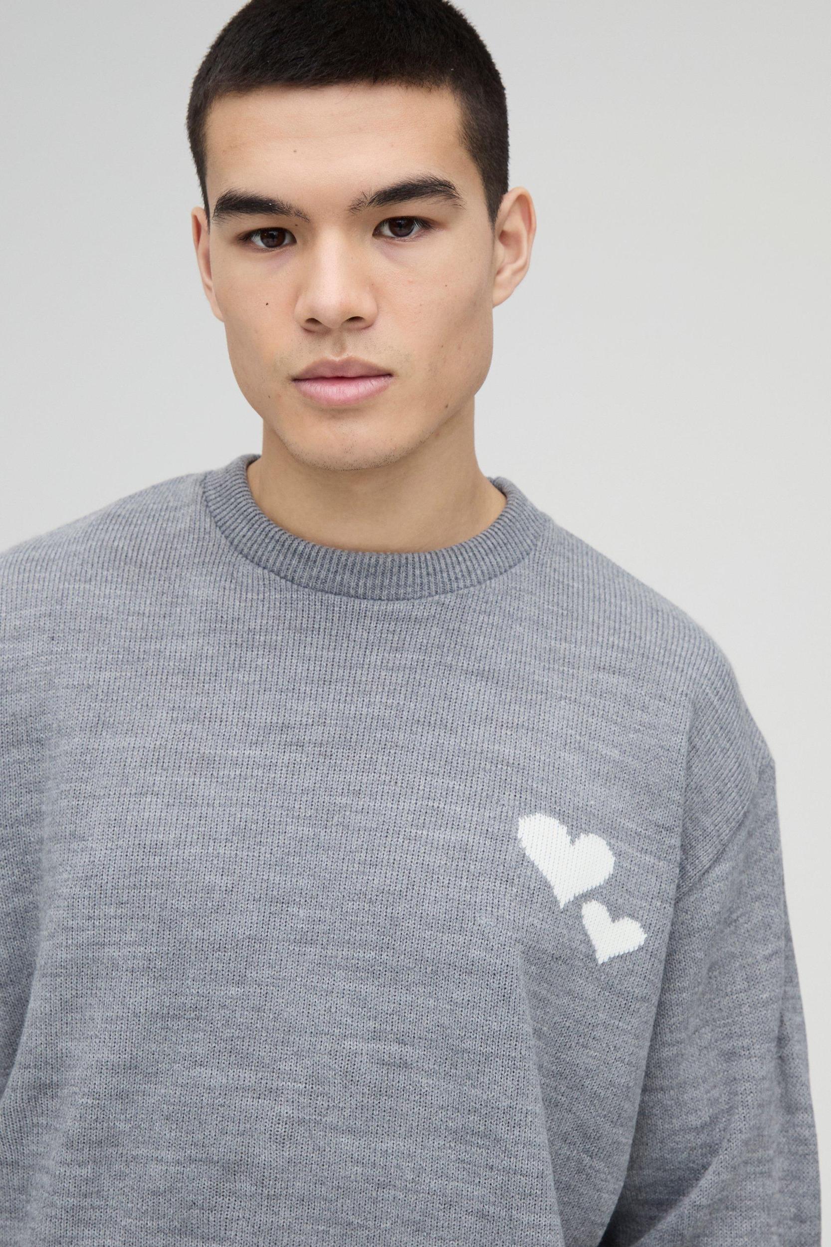 Oversized Boxy Heart Embroidered Knitted Sweater | boohooMAN USA Product Image