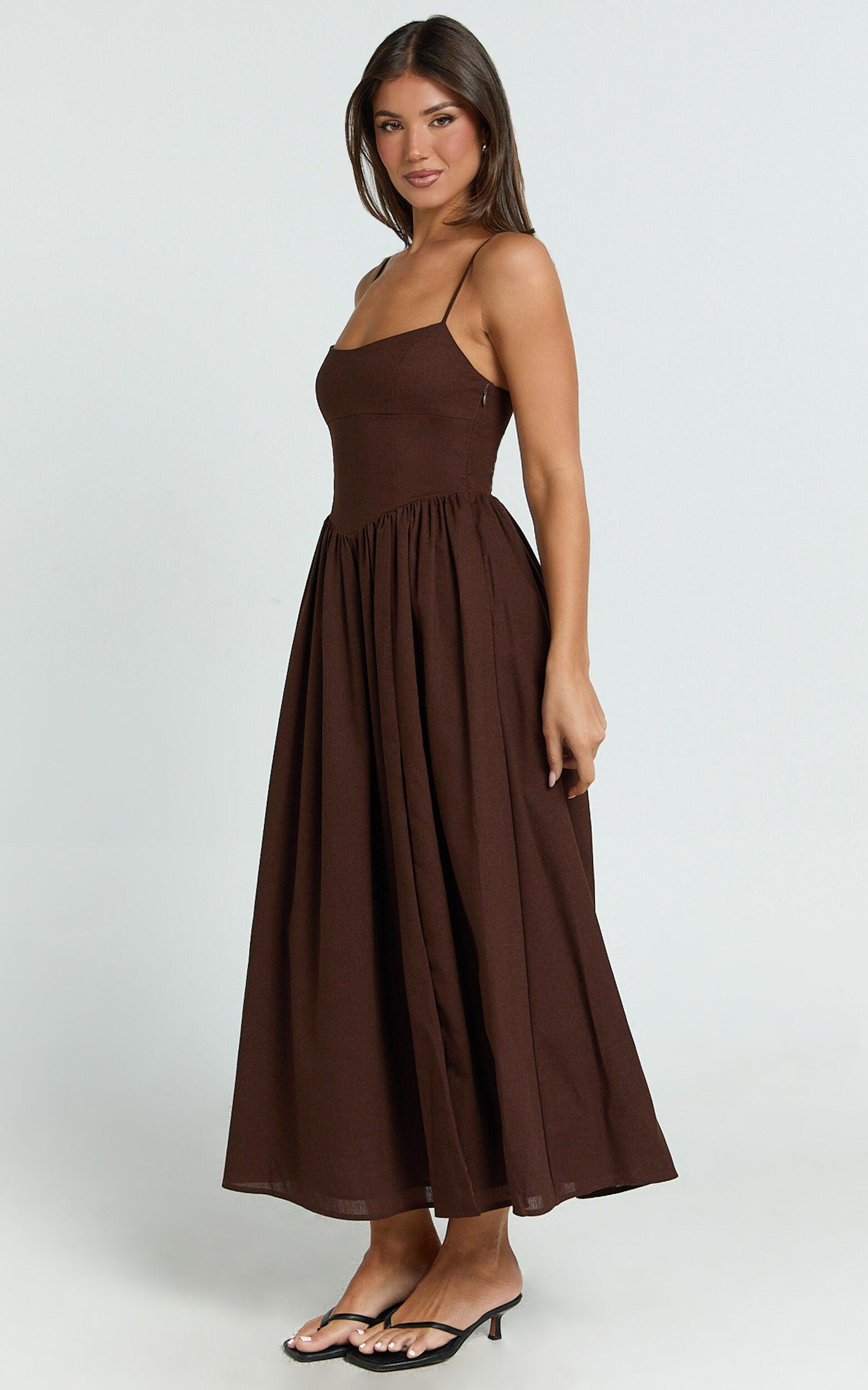Morris Midi Dress - Linen Scoop Neck Gathered Dress in Chocolate Product Image