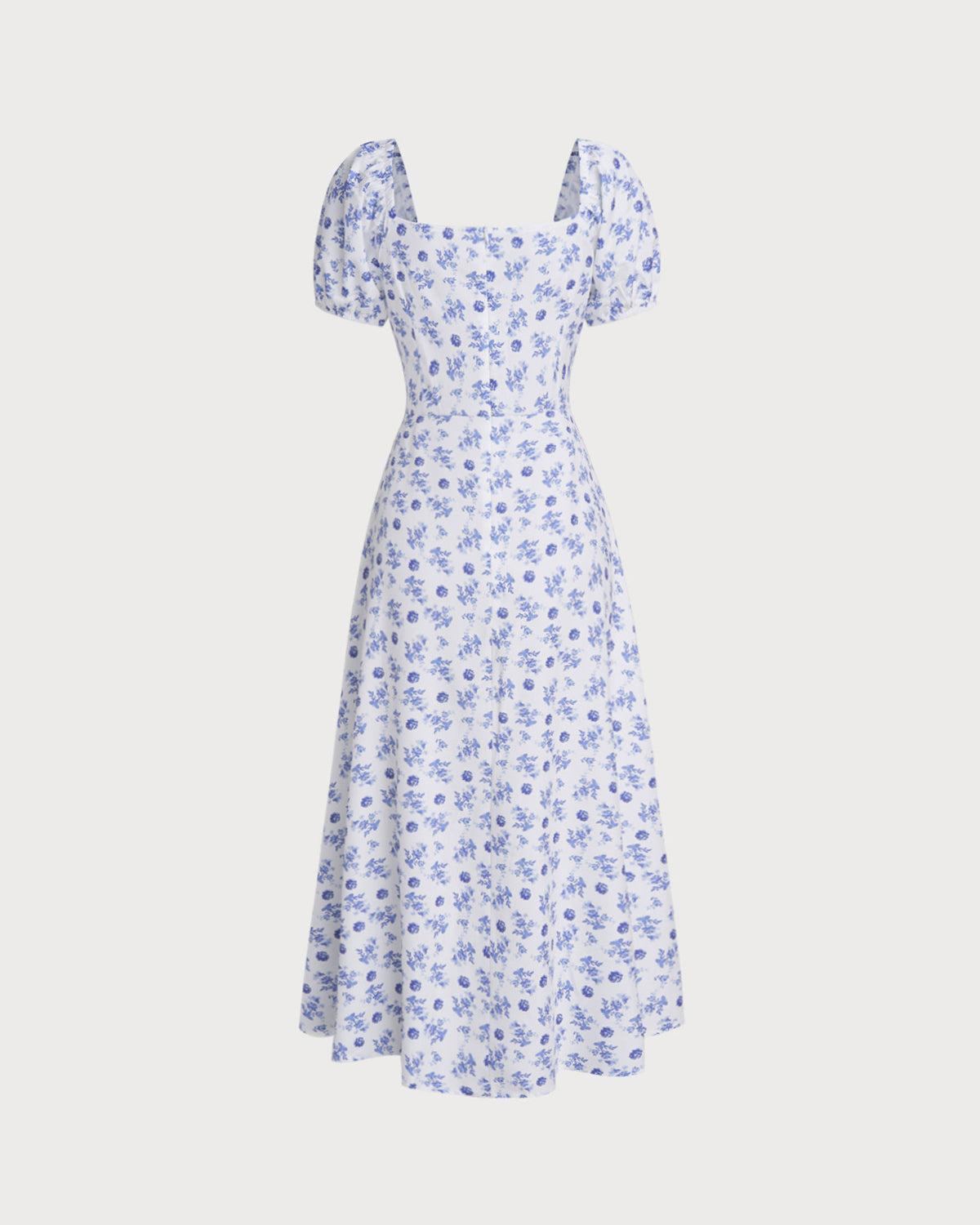Blue Floral Square Neck Ruched Midi Dress Product Image