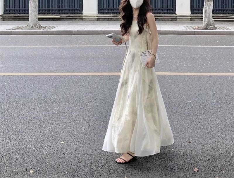 Spaghetti Strap Print Midi A-Line Dress Product Image