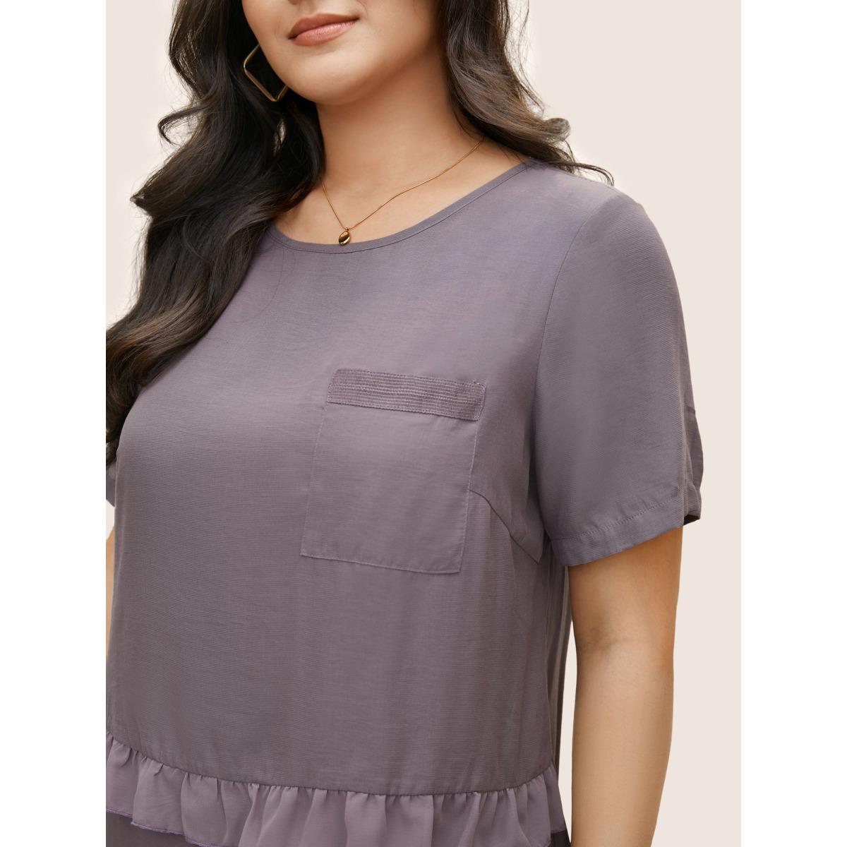 Plus Size Mauve Plain Tiered Ruffles Patched Pocket Blouse Women Casual Short sleeve Round Neck Everyday Blouses BloomChic 30/6X Product Image