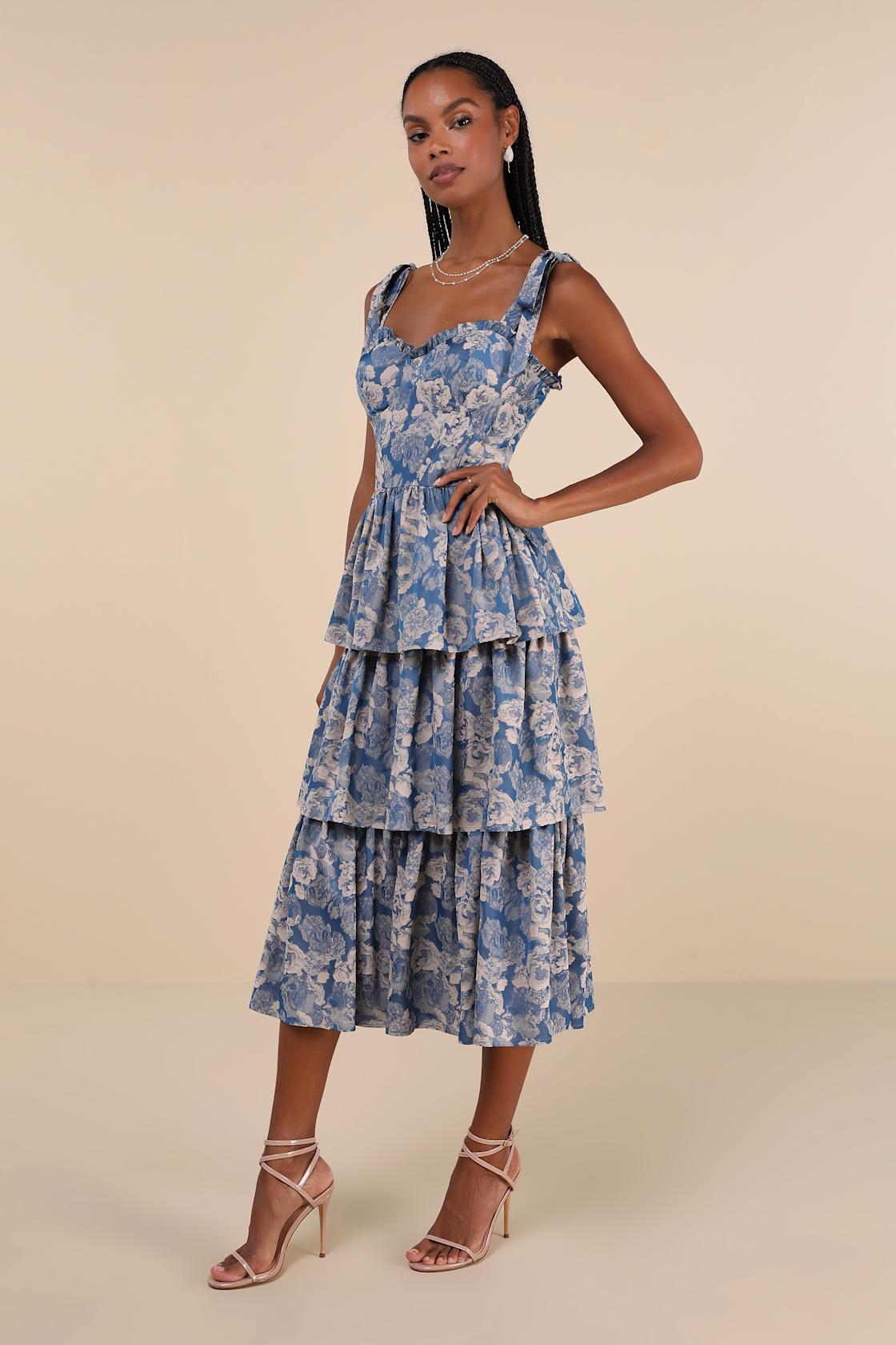 Lovely Bliss Blue Floral Jacquard Strapless Bustier Midi Dress Product Image