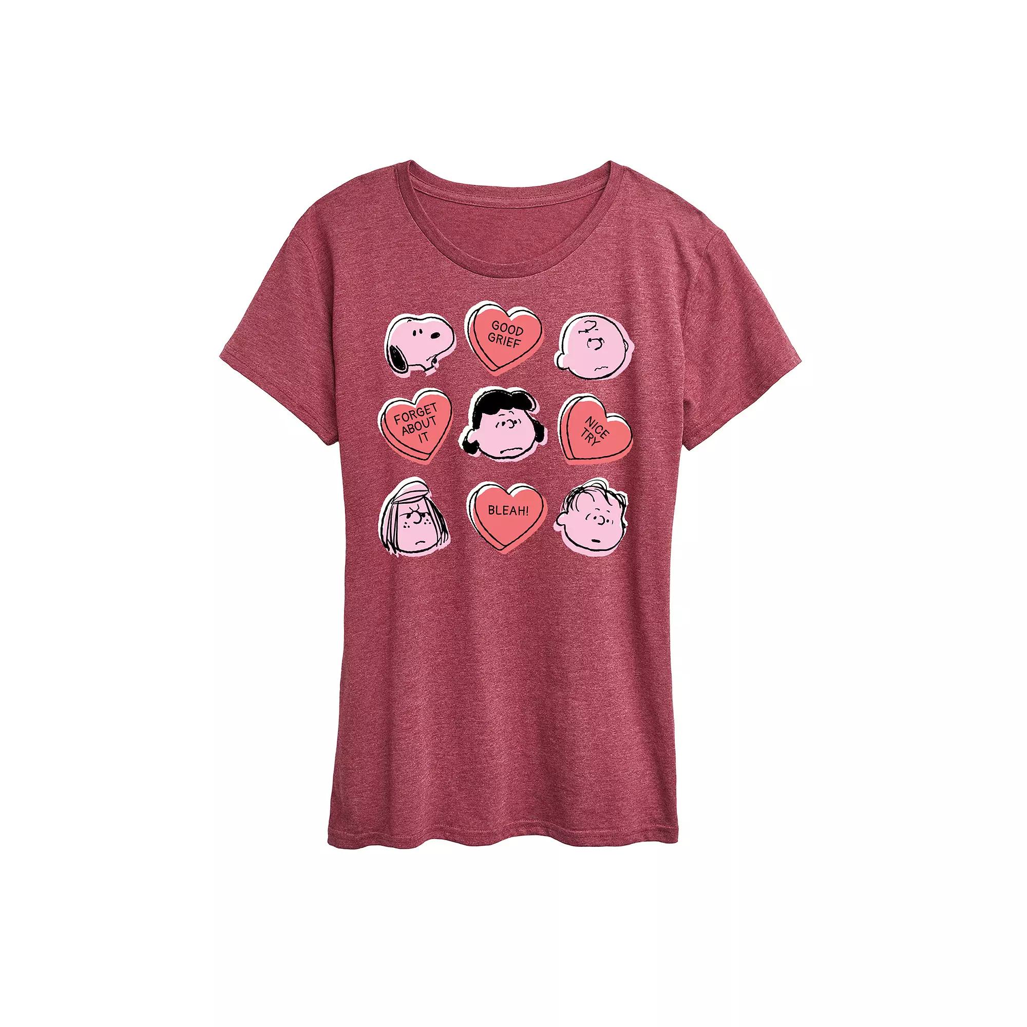 Women's Peanuts Valentine's Candy Heart Grid Graphic Tee,  Product Image