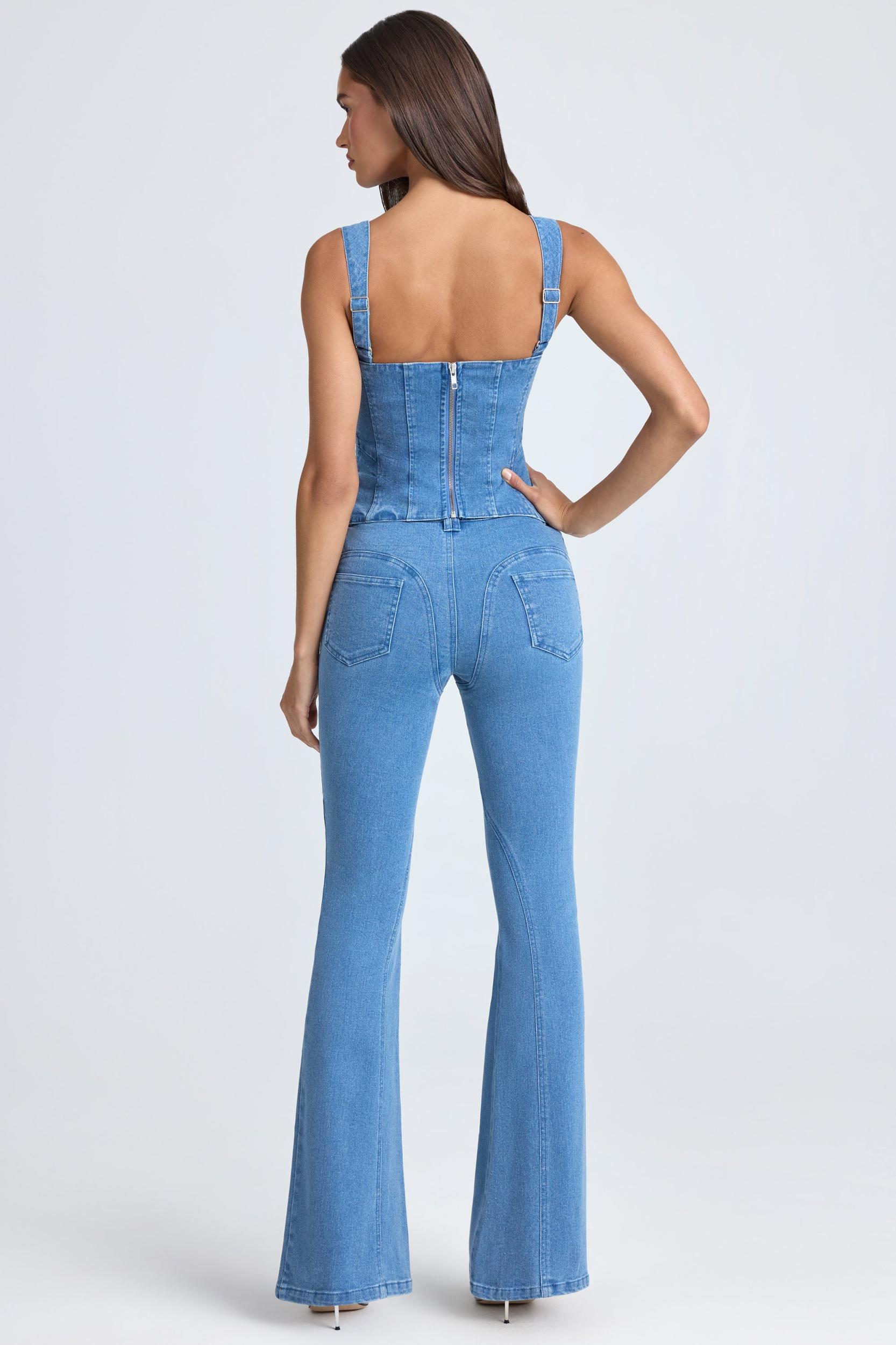 Lace-Up Corset Top in Mid Blue Stonewash Product Image