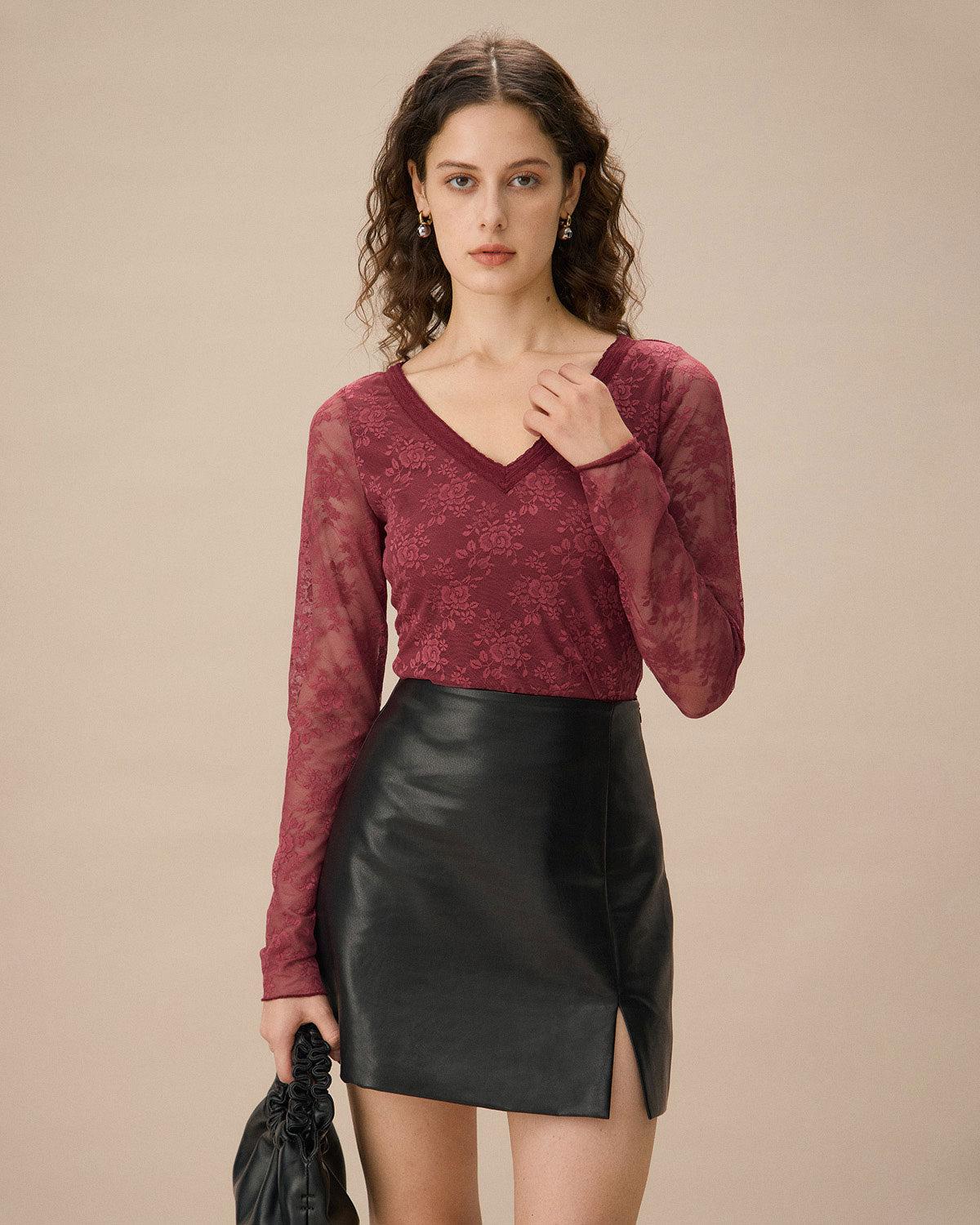 Red Floral V-Neck See-Through Lace Tee Product Image