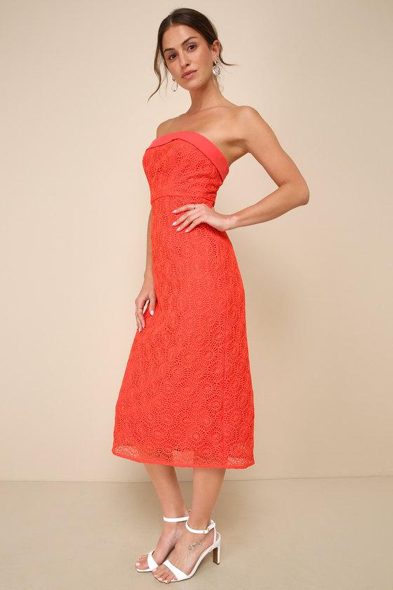 Chic Intent Bright Red Crochet Textured Strapless Midi Dress Product Image
