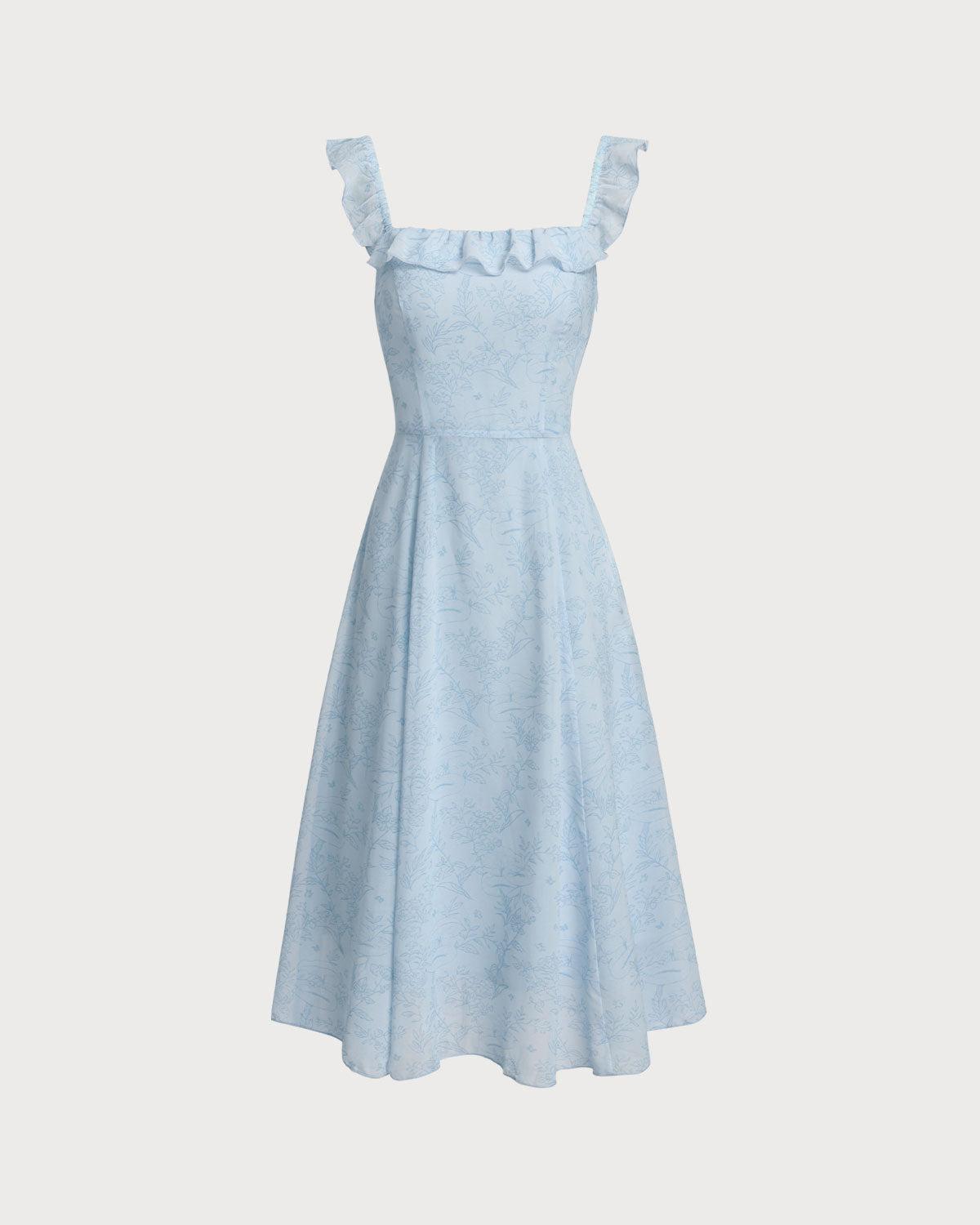Blue Square Neck Ruffle Midi Dress Product Image