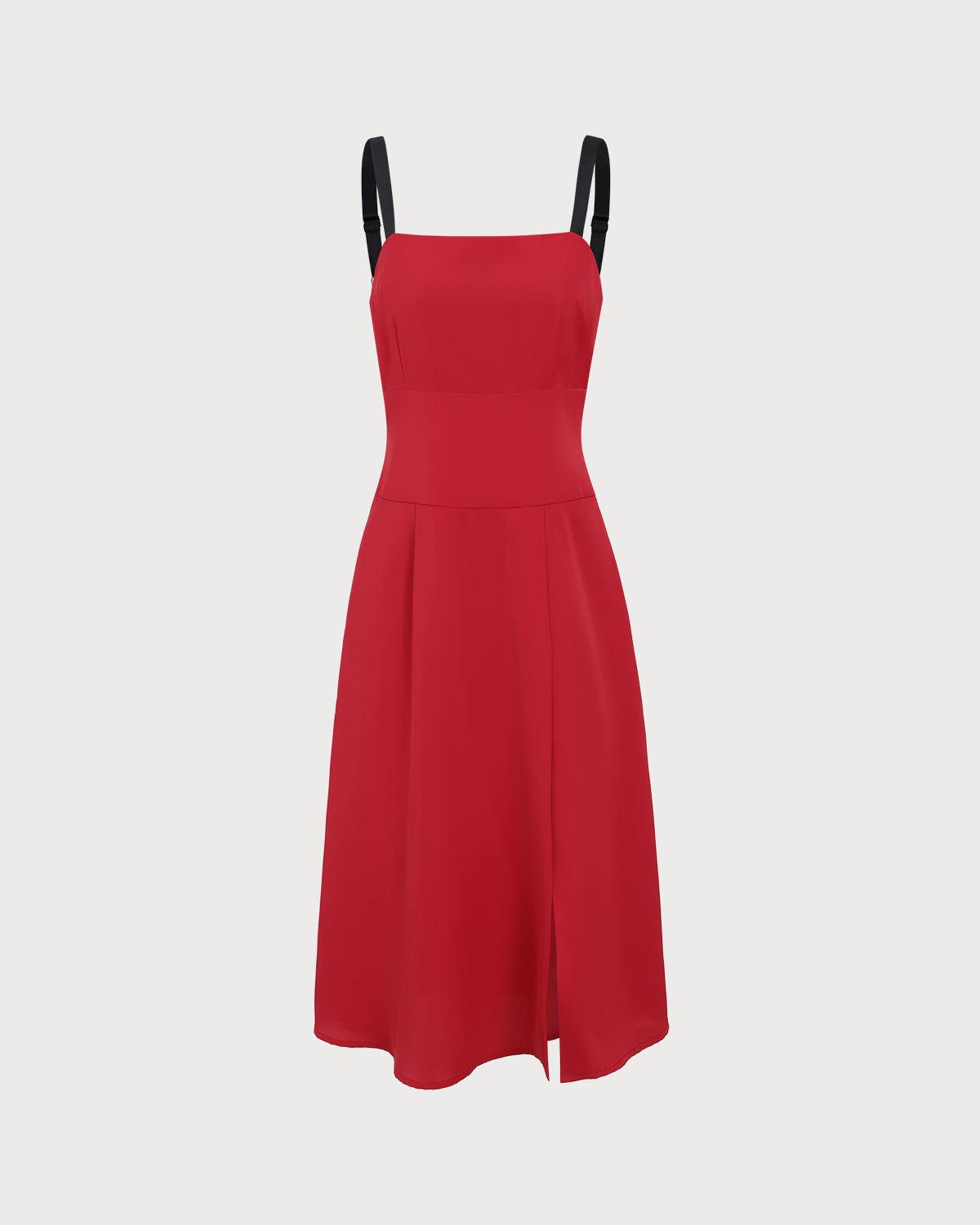Red Contrast Slit Slip Midi Dress Product Image