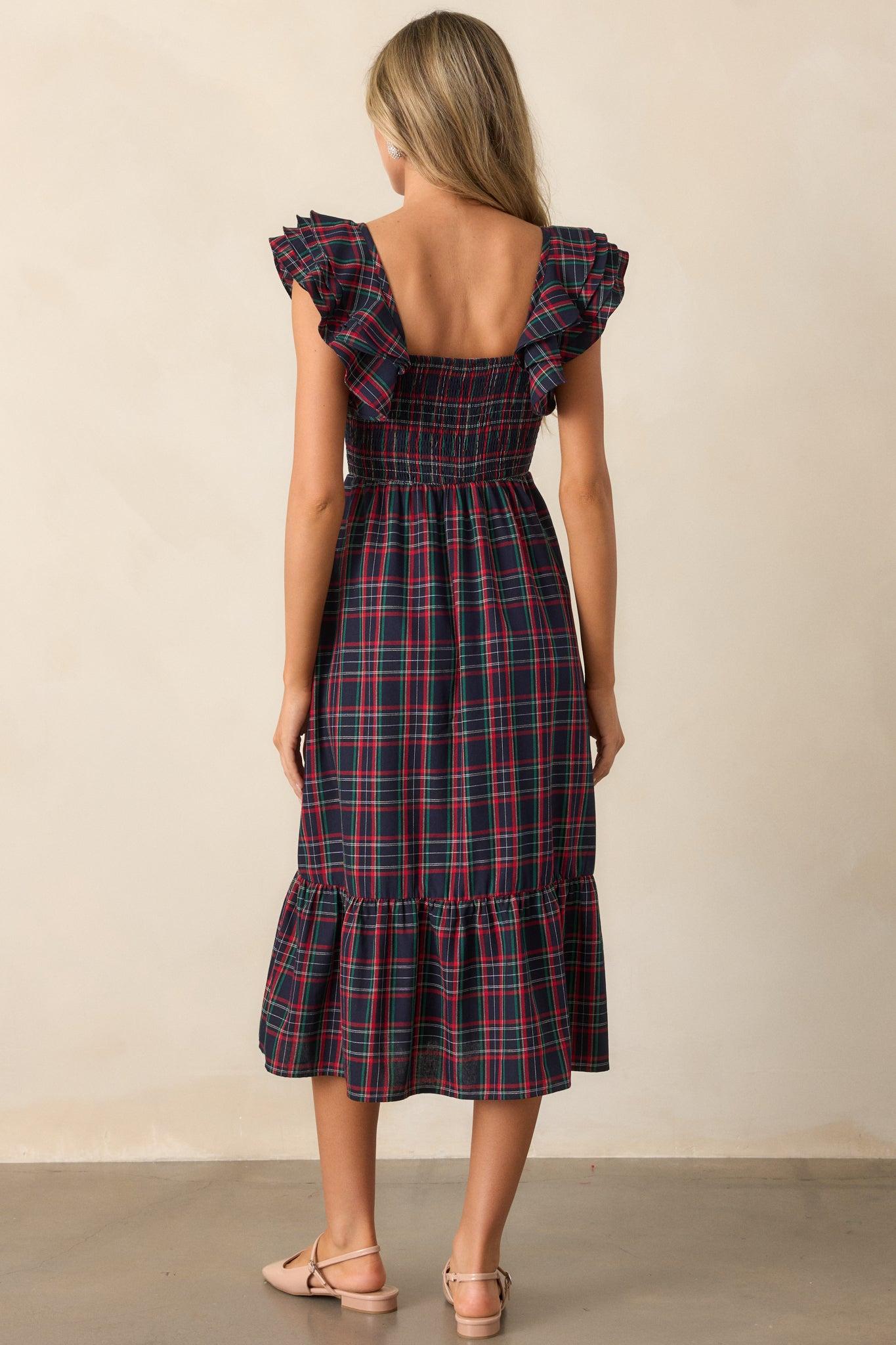 Always Good Cotton Navy Plaid Flutter Sleeve Midi Dress Product Image