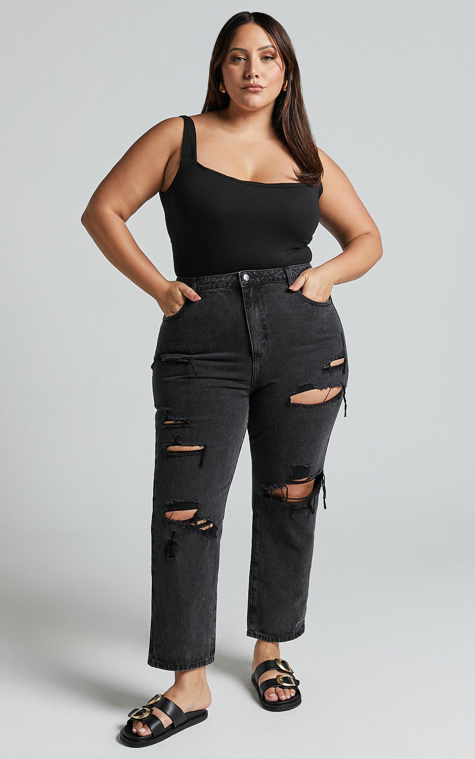 Billie Jeans - High Waisted Cotton Distressed Mom Denim Jeans in Black Wash Product Image