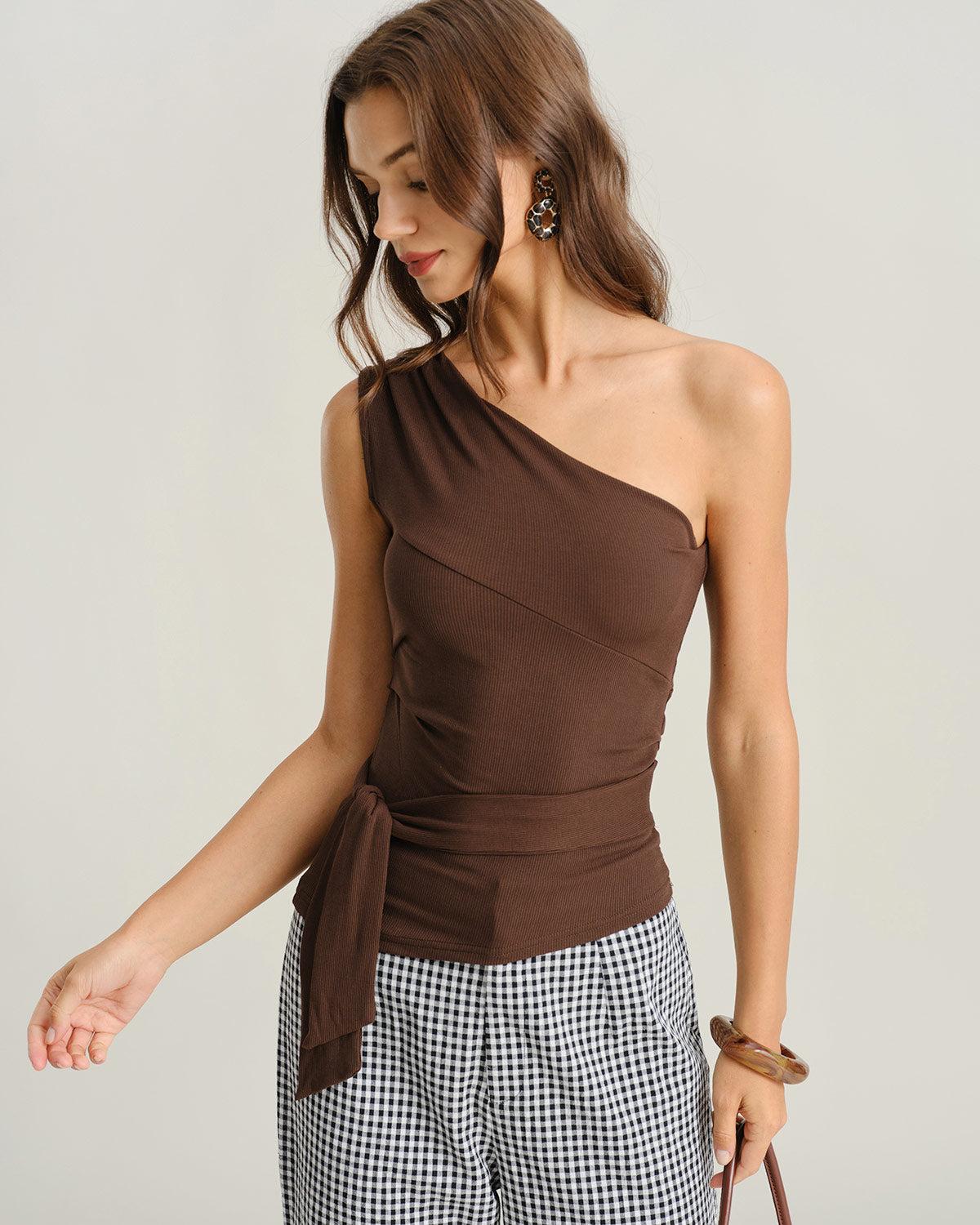 Coffee Knit One Shoulder Tee Product Image
