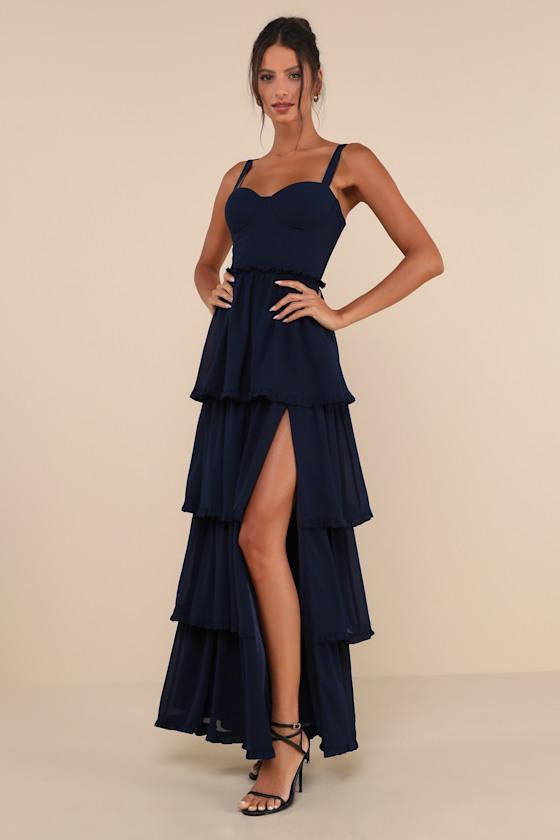 Sophisticated Occasion Navy Blue Bustier Lace-Up Maxi Dress Product Image