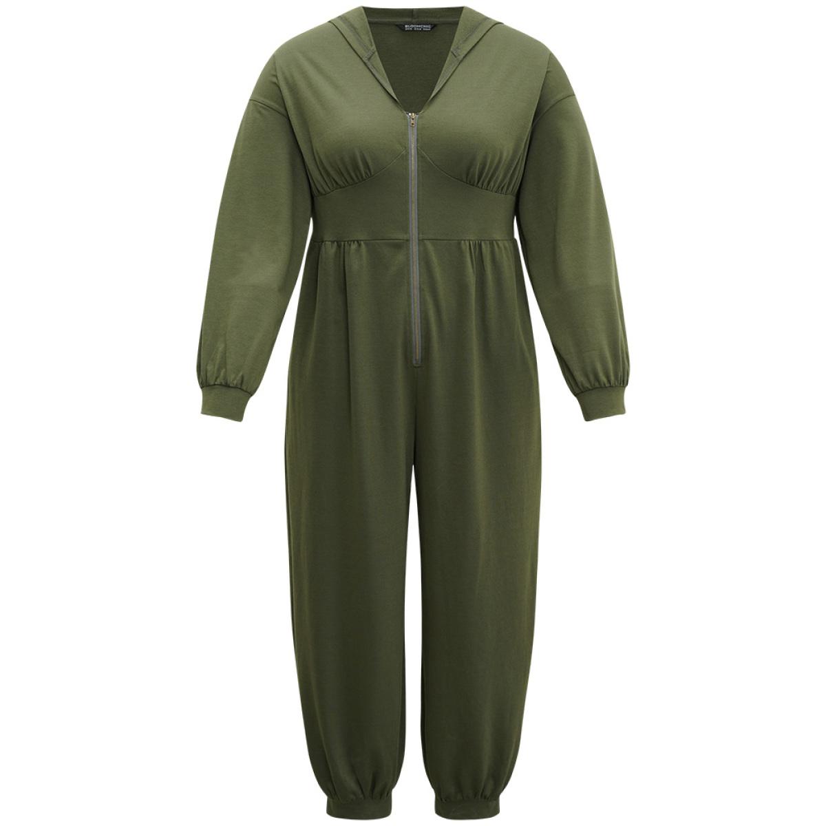 Plus Size ArmyGreen Solid Half Zip Hooded Gathered Jumpsuit Women Casual Long Sleeve Hooded Dailywear Loose Jumpsuits BloomChic 12/L Product Image