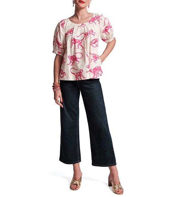 FRANCES VALENTINE Zonda Cotton Poplin Monkey Print Scoop Neck 3/4 Puff Sleeve Top Product Image