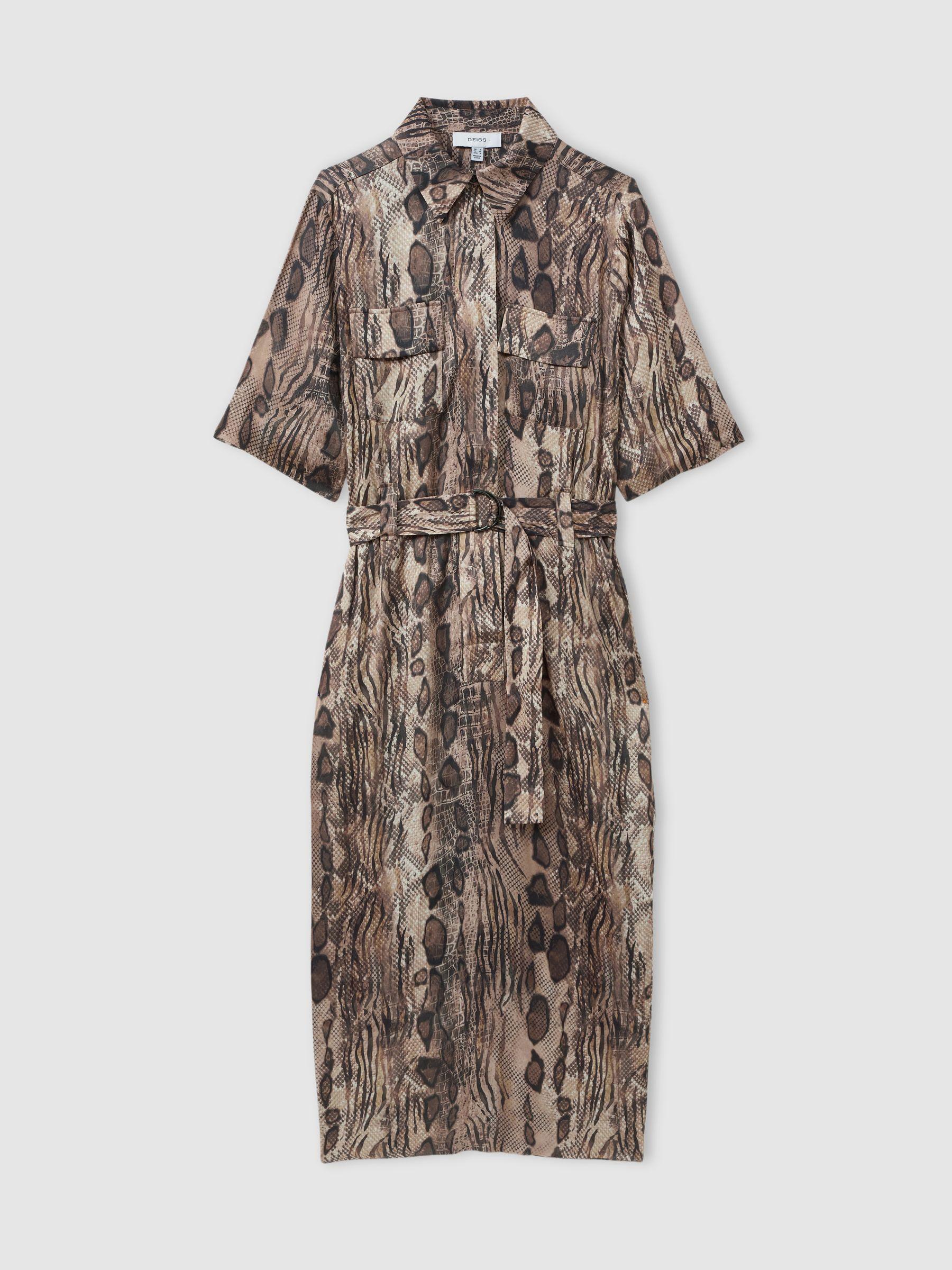 Snake Print Belted Midi Dress in Neutral Product Image