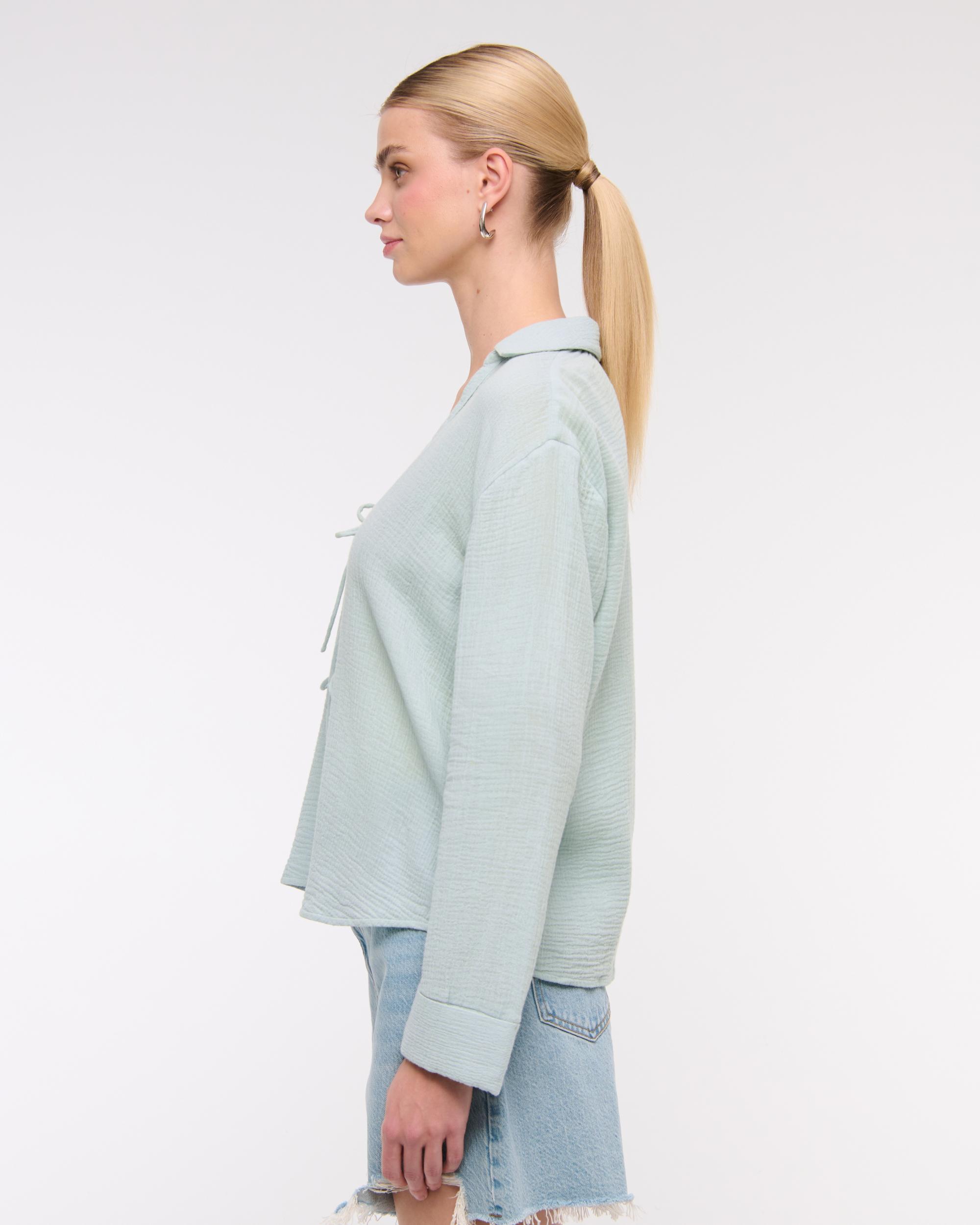 Long-Sleeve Oversized Tie-Front Gauzy Shirt Product Image