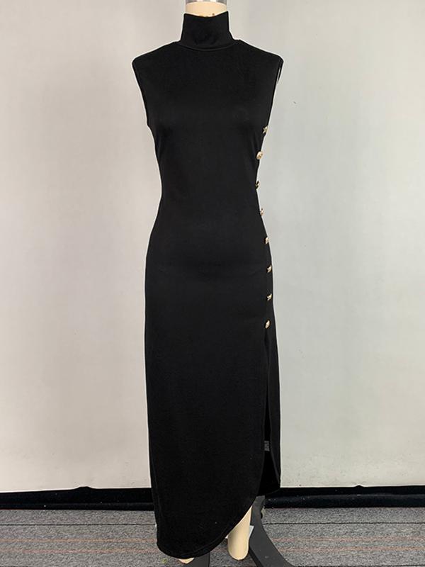 Bodycon Sleeveless Buttoned Solid Color Split-Side High Neck Maxi Dresses Product Image