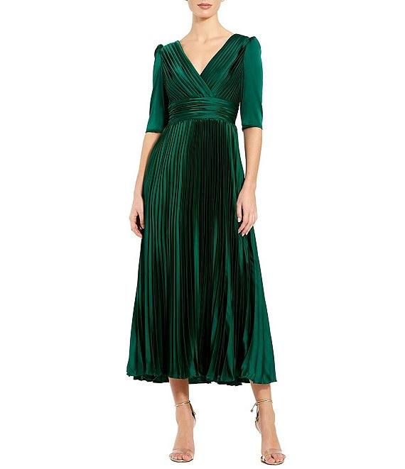Mac Duggal 3/4 Sleeve V-Neck Pleated Satin Dress Product Image