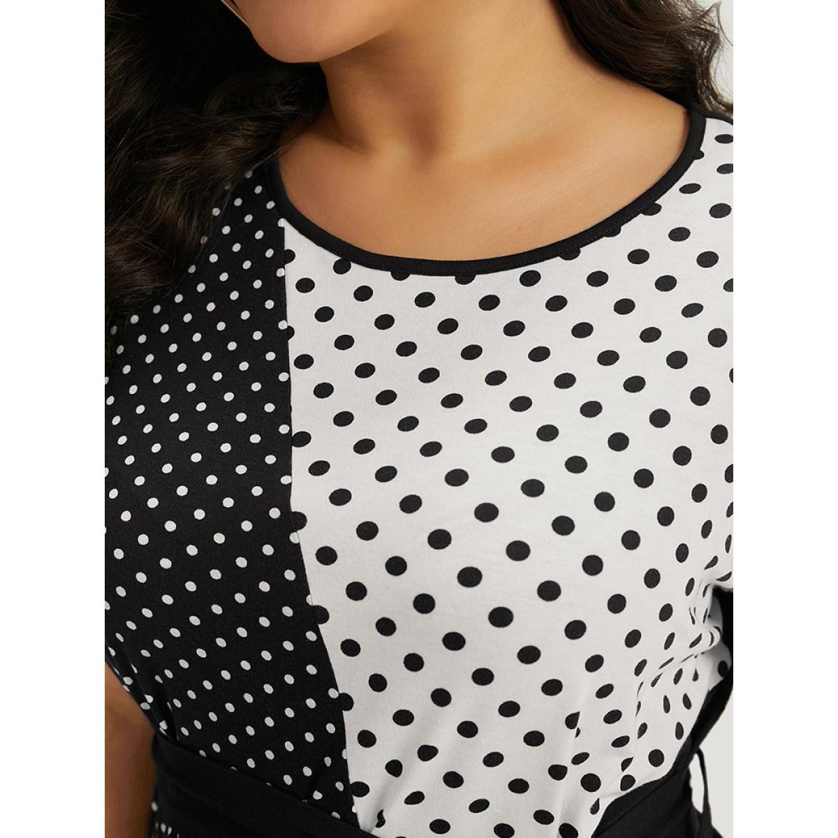 Plus Size Supersoft Essentials Polka Dot Pocket Patchwork Belted Dress Black Women Casual Belted Round Neck Short sleeve Curvy Midi Dress BloomChic 14-16/1X Product Image