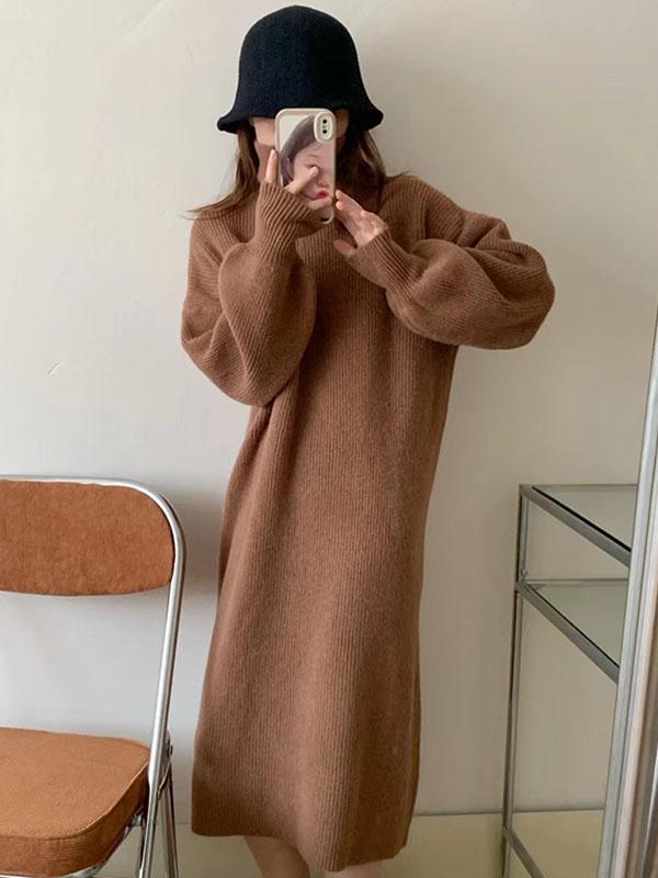 Long Sleeves Loose Solid Color High Neck Midi Dresses Sweater Dresses Product Image