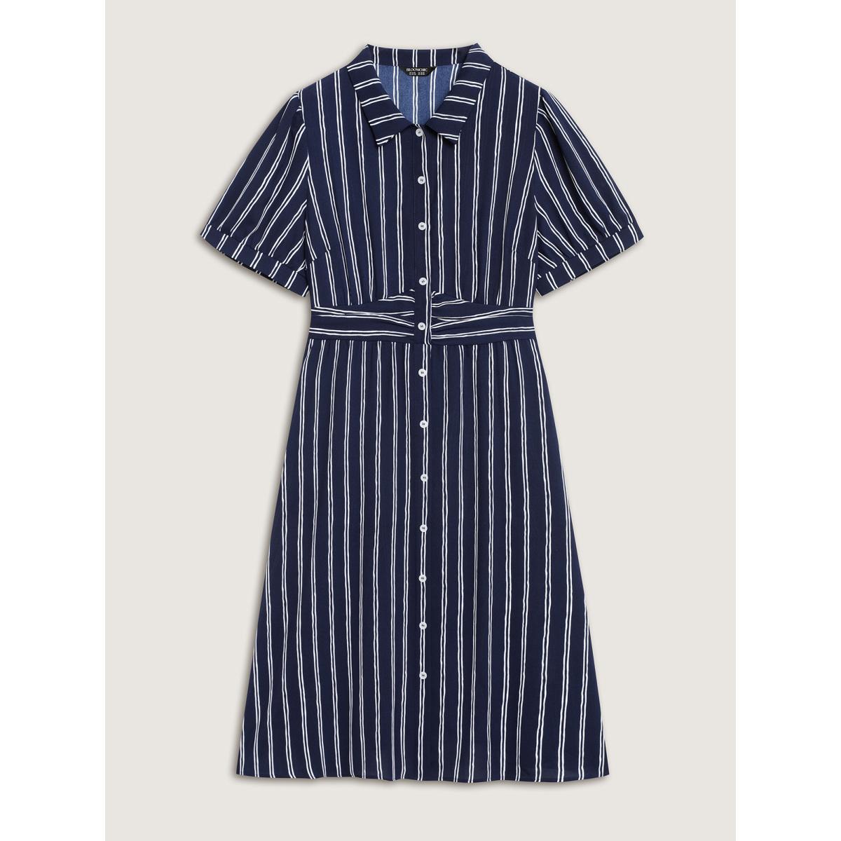 Plus Size Striped Waist-Cinched Pockets Midi Dress Indigo Women Pleated Shirt collar Short sleeve Curvy BloomChic 14-16/1X Product Image