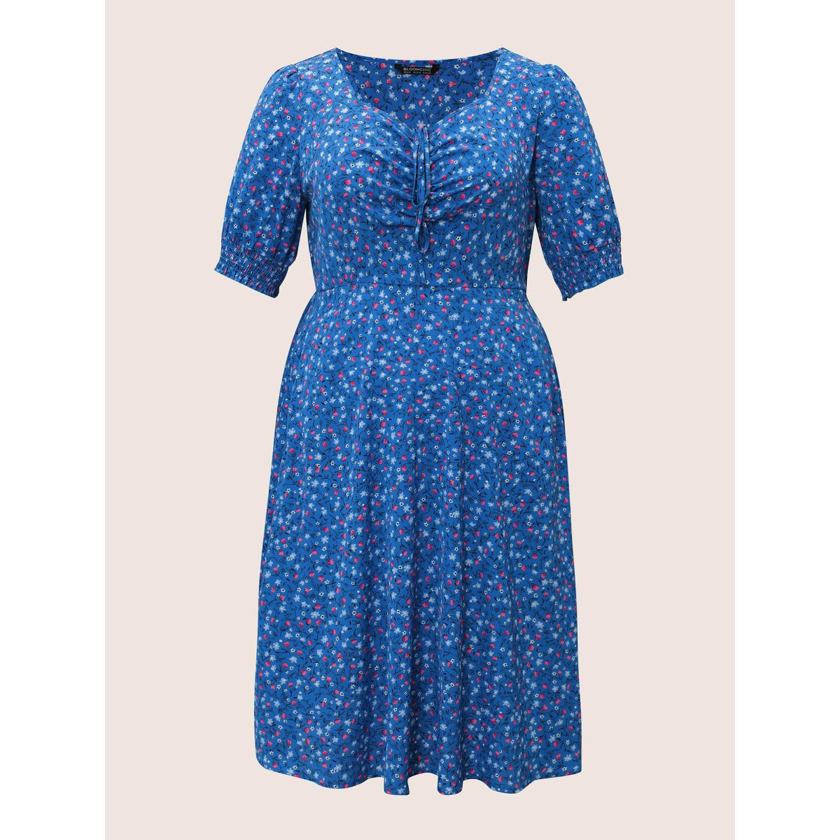 Plus Size Ditsy Floral Drawstring Shirred Cuffs Dress Blue Women Timeless Non Square Neck Half Sleeve Curvy Midi Dress BloomChic 18-20/2X Product Image