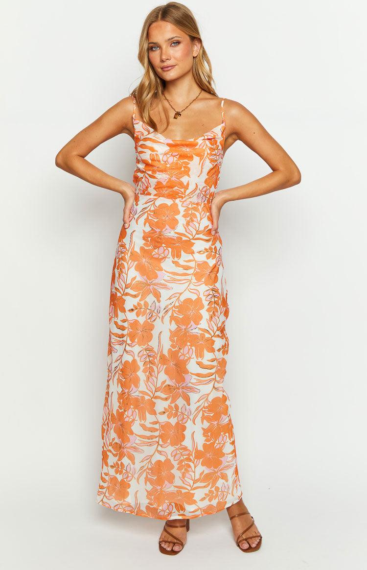 Cambri Orange Floral Chiffon Maxi Dress Product Image