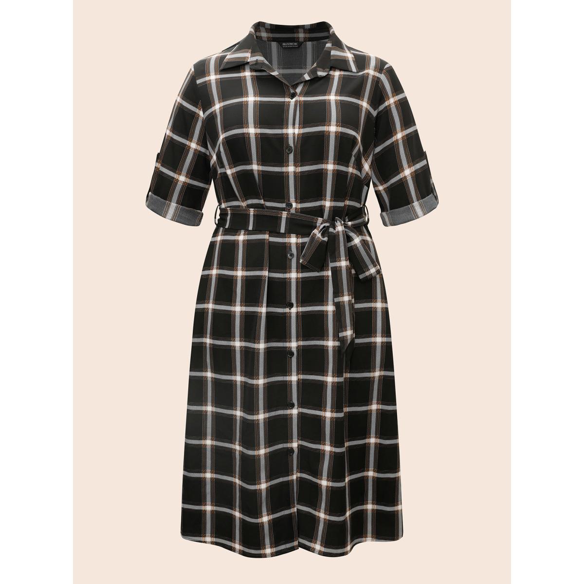 Plus Size Plaid Shirt Collar Belted Tab Sleeve Dress Black Women Elegant Belted Shirt collar Elbow-length sleeve Curvy BloomChic 28/5X Product Image