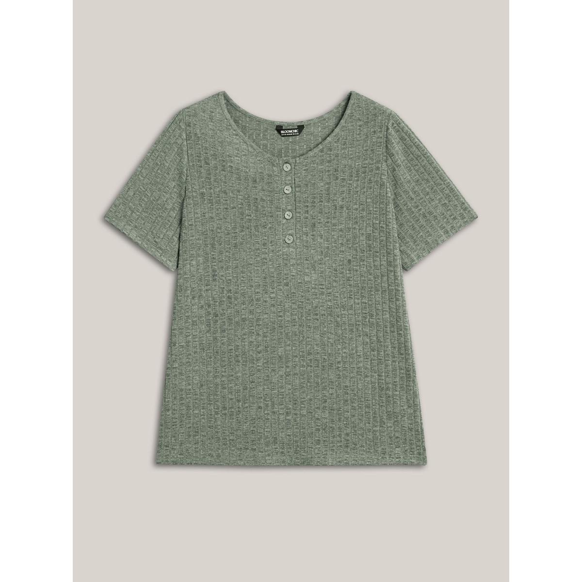 Plus Size Stretchy Textured Button Half Sleeve T-Shirt Sage Women Leisure Texture Round Neck Casual T-shirts BloomChic 10/M Product Image