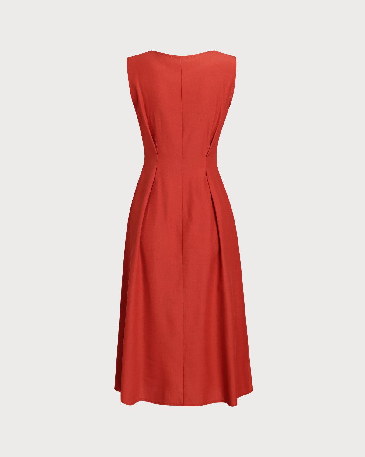 Red V-neck Button Sleeveless Midi Dress Product Image