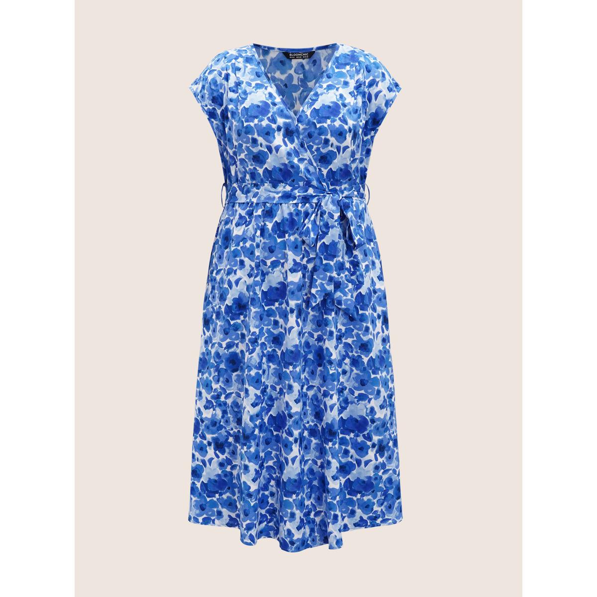 Plus Size Watercolor Floral Dolman Sleeve Maxi Dress Mediumblue Women Elegant Belted V-neck Sleeveless Curvy BloomChic 22-24/3X Product Image