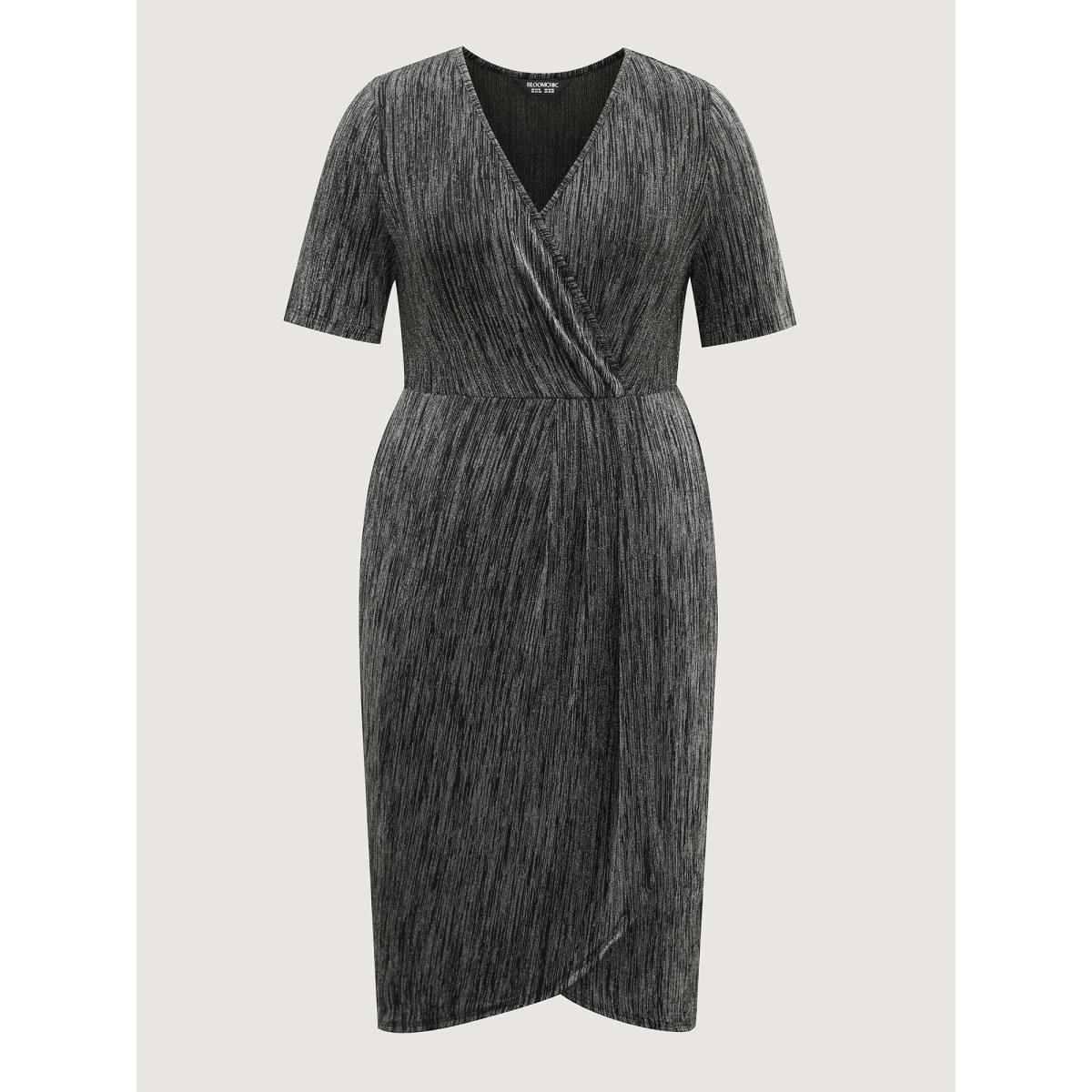 Plus Size Stretchy Asymmetrical Hem Surplice Midi Dress Black Women Office Overlapping Overlap Collar Short sleeve Curvy BloomChic 12/L Product Image