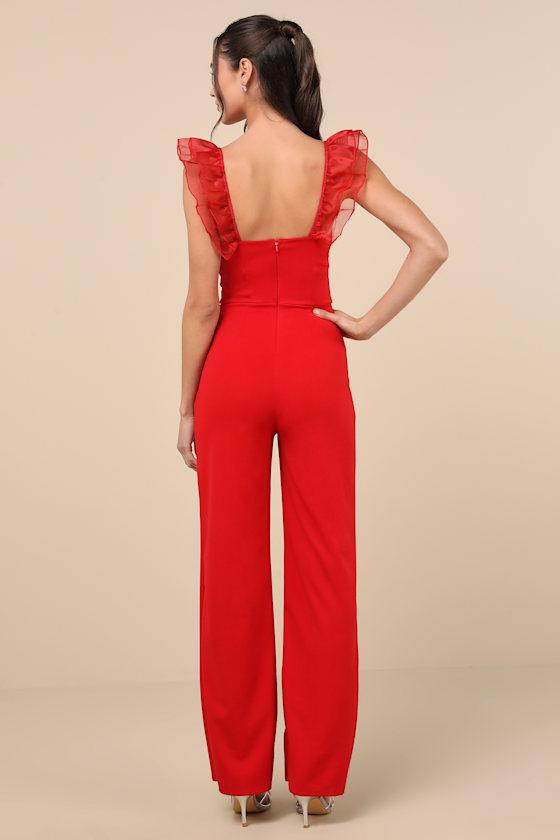 Luxe Position Red Ruffled Wide-Leg Jumpsuit Product Image