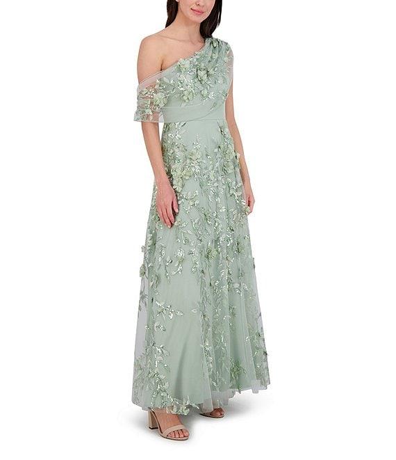 Eliza J Embroidered 3D Floral Print One-Shoulder Neck Sleeveless Caplet A-Line Gown Product Image